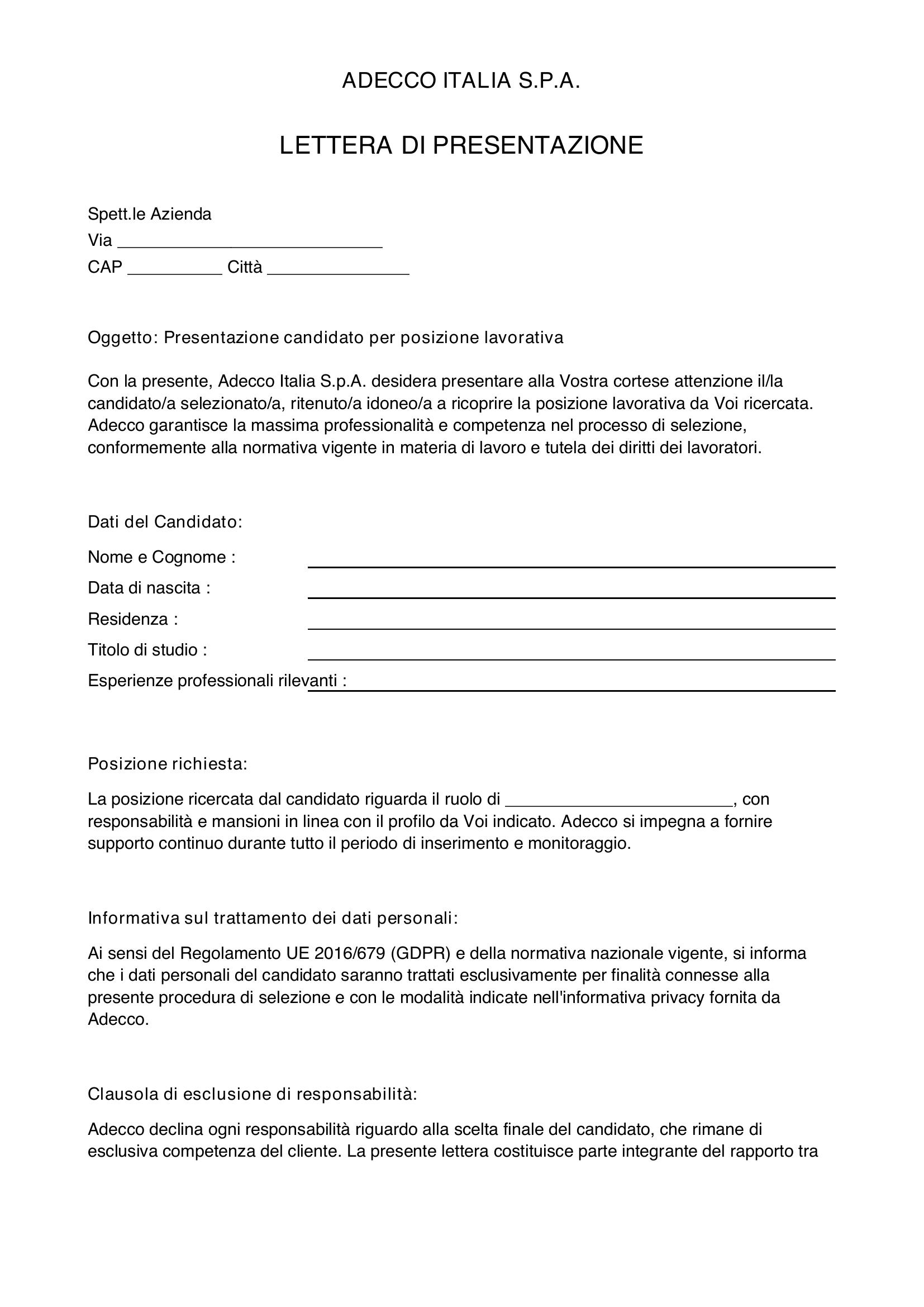 Adecco Lettera Di Presentazione