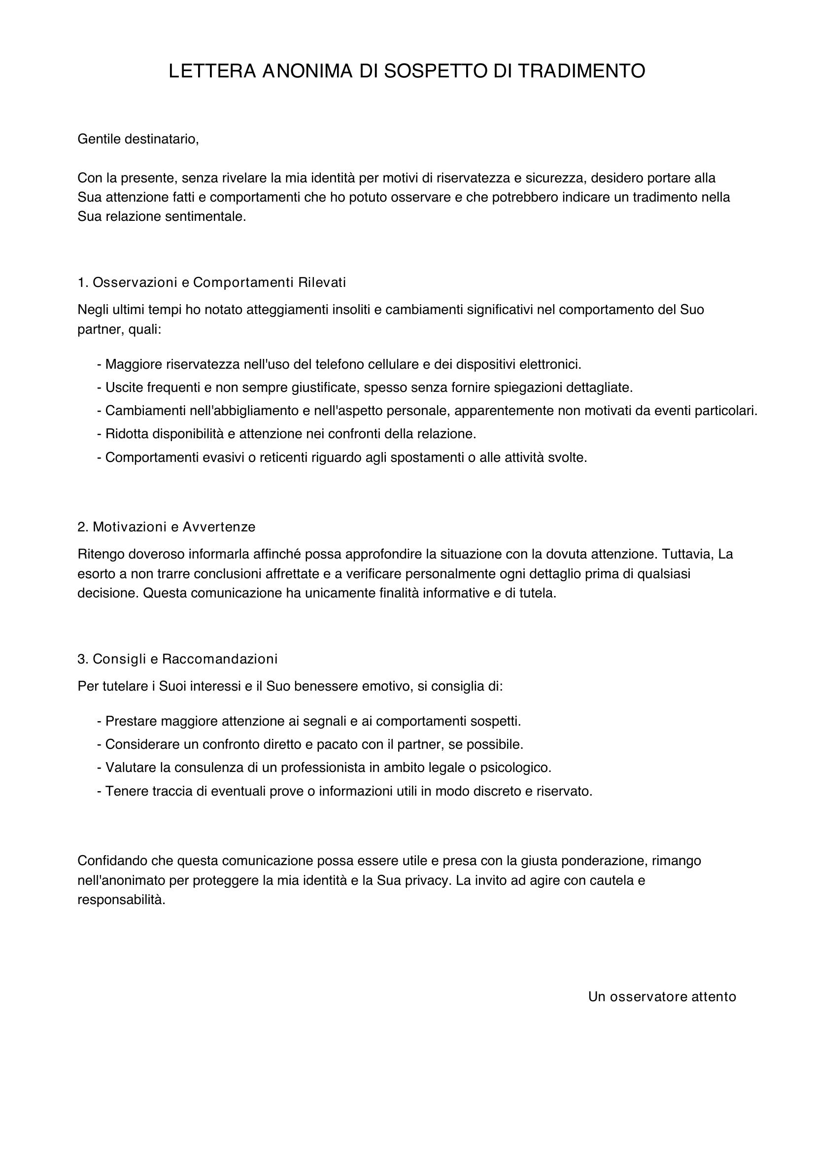 Esempio Di Lettera Anonima Tradimento