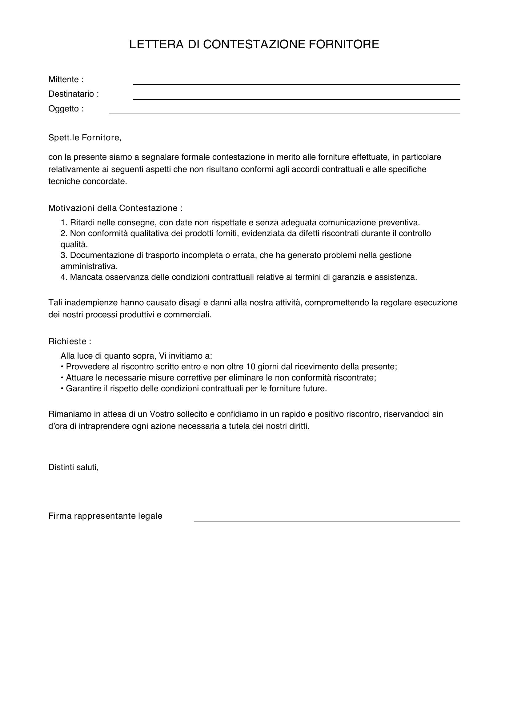 Esempio Lettera Di Contestazione Fornitore