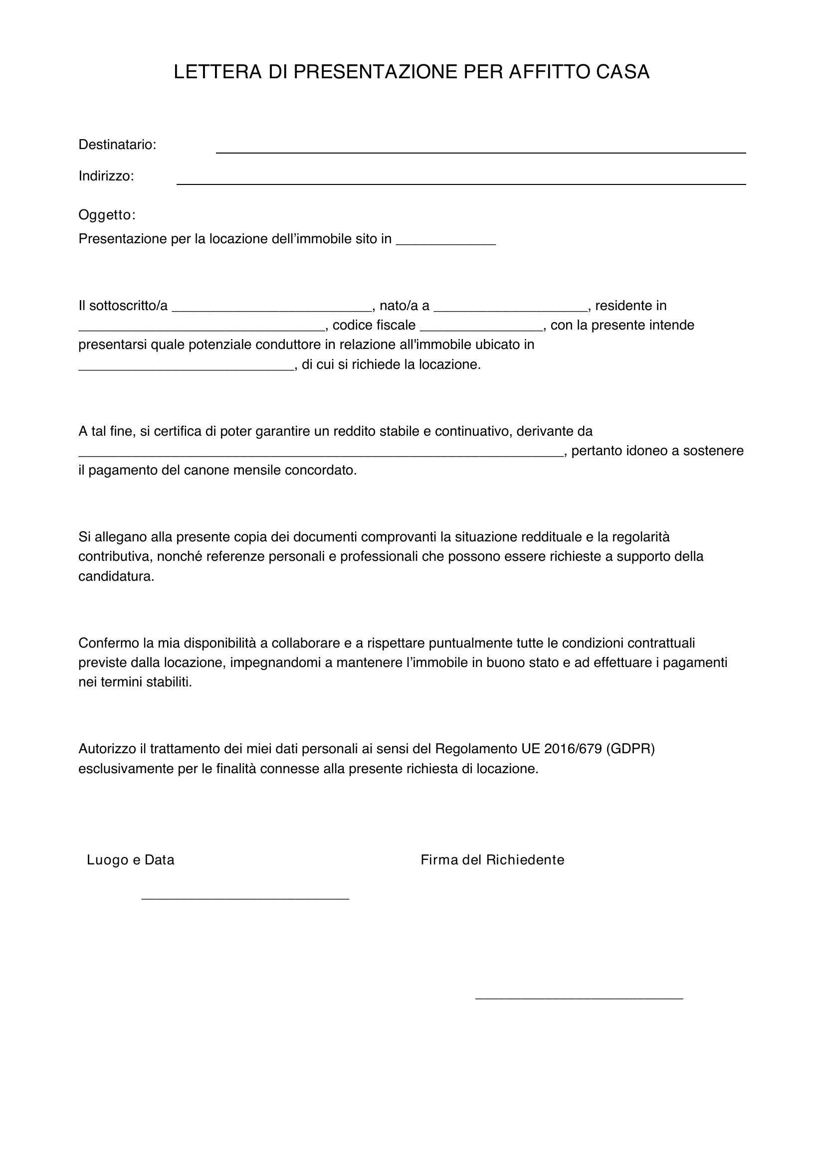 Esempio Lettera Di Presentazione Per Affitto Casa