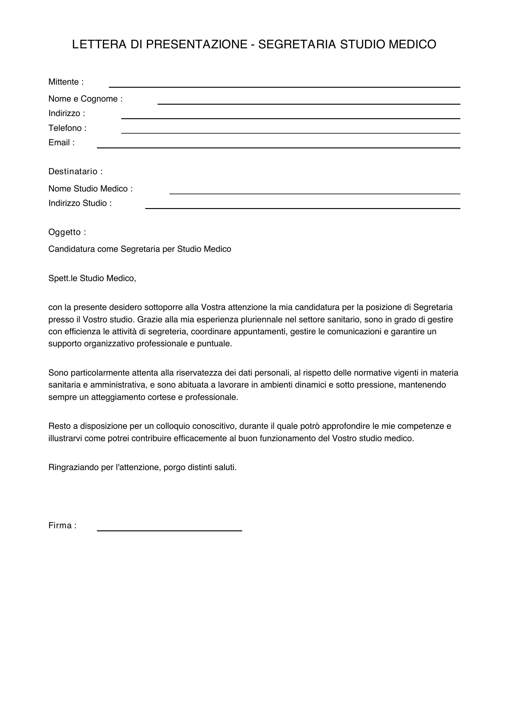 Esempio Lettera Di Presentazione Segretaria Studio Medico