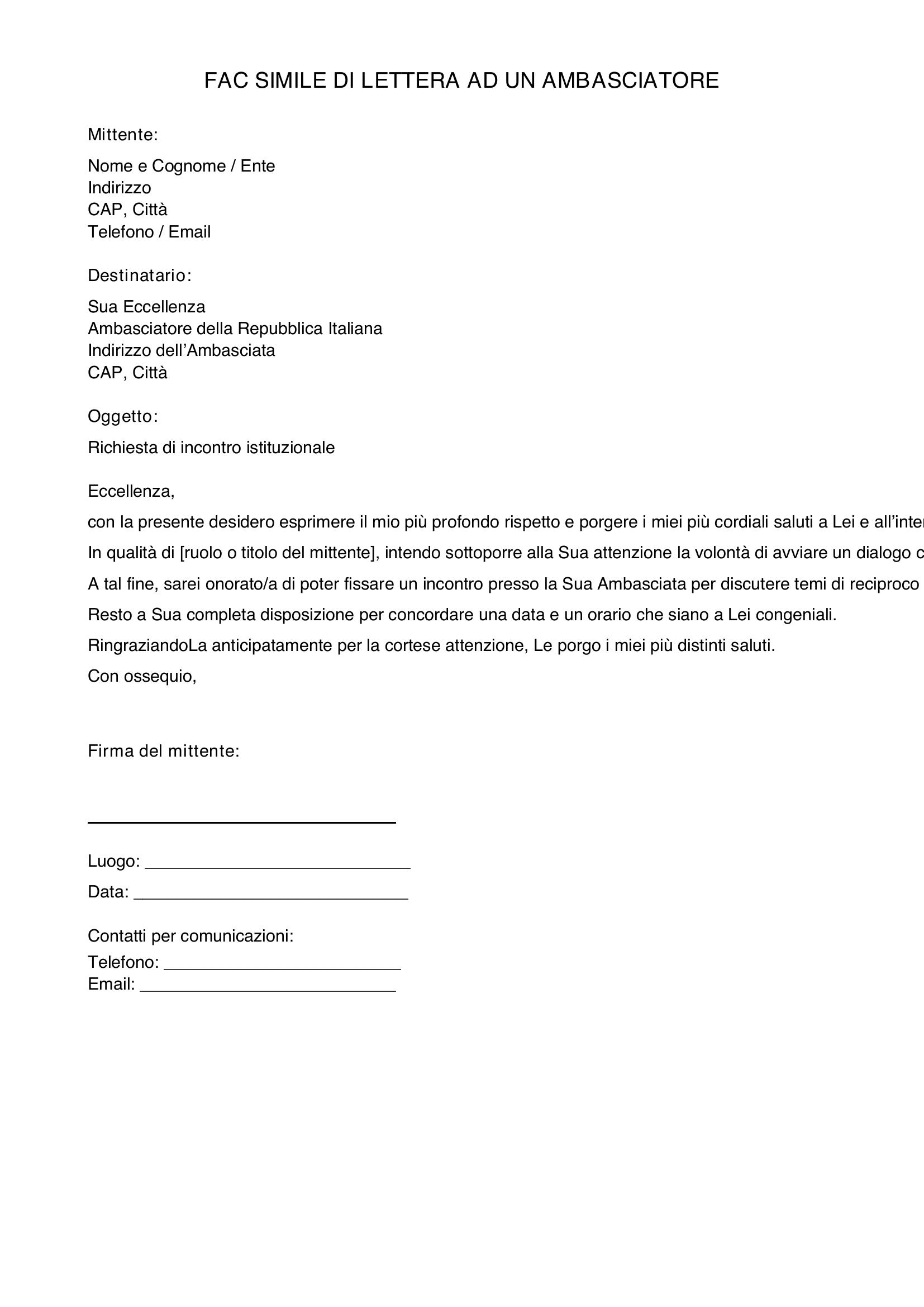 Fac Simile Di Lettera Ad Un Ambasciatore