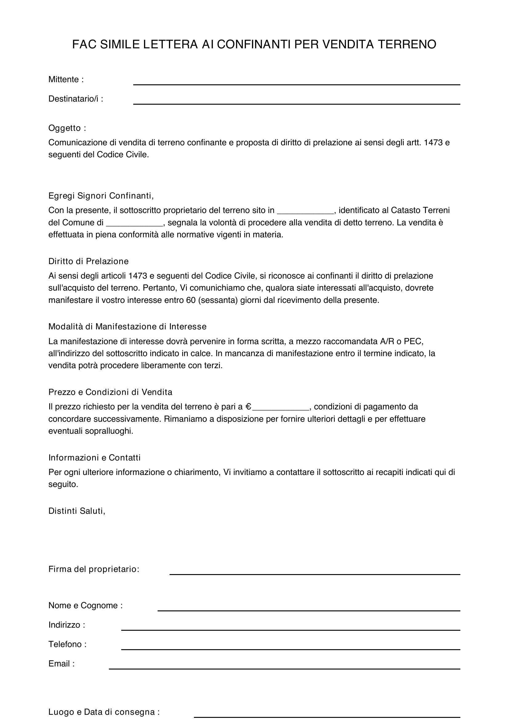 Fac Simile Lettera Ai Confinanti Per Vendita Terreno