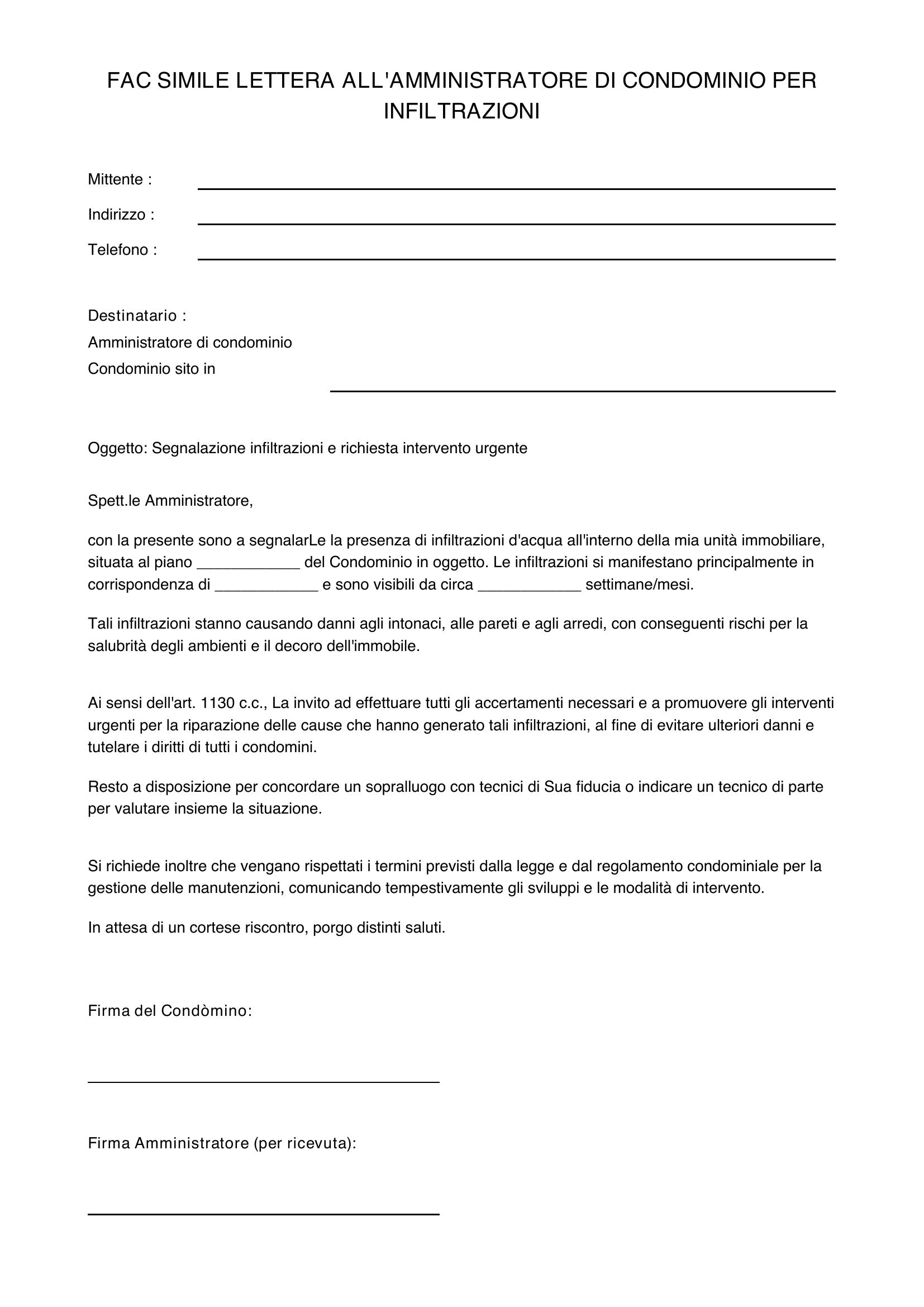 Fac Simile Lettera All'Amministratore Di Condominio Per Infiltrazioni