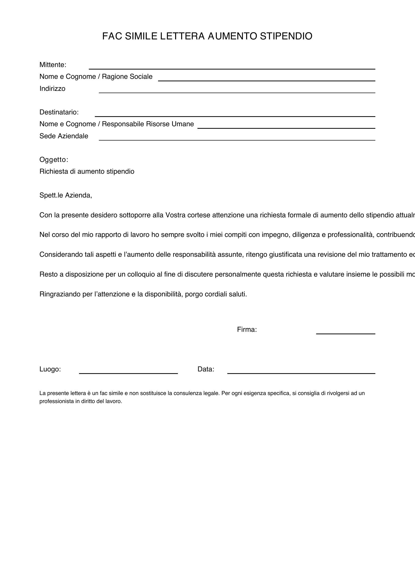 Fac Simile Lettera Aumento Stipendio