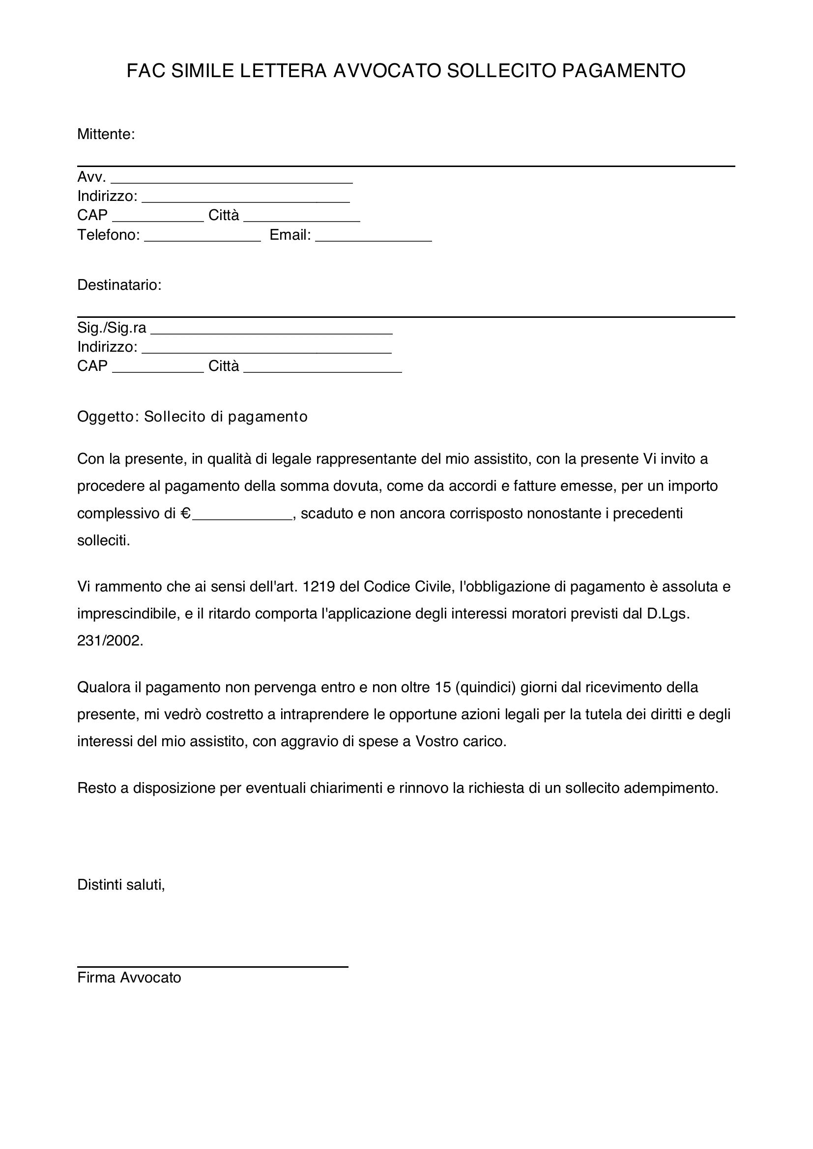 Fac Simile Lettera Avvocato Sollecito Pagamento