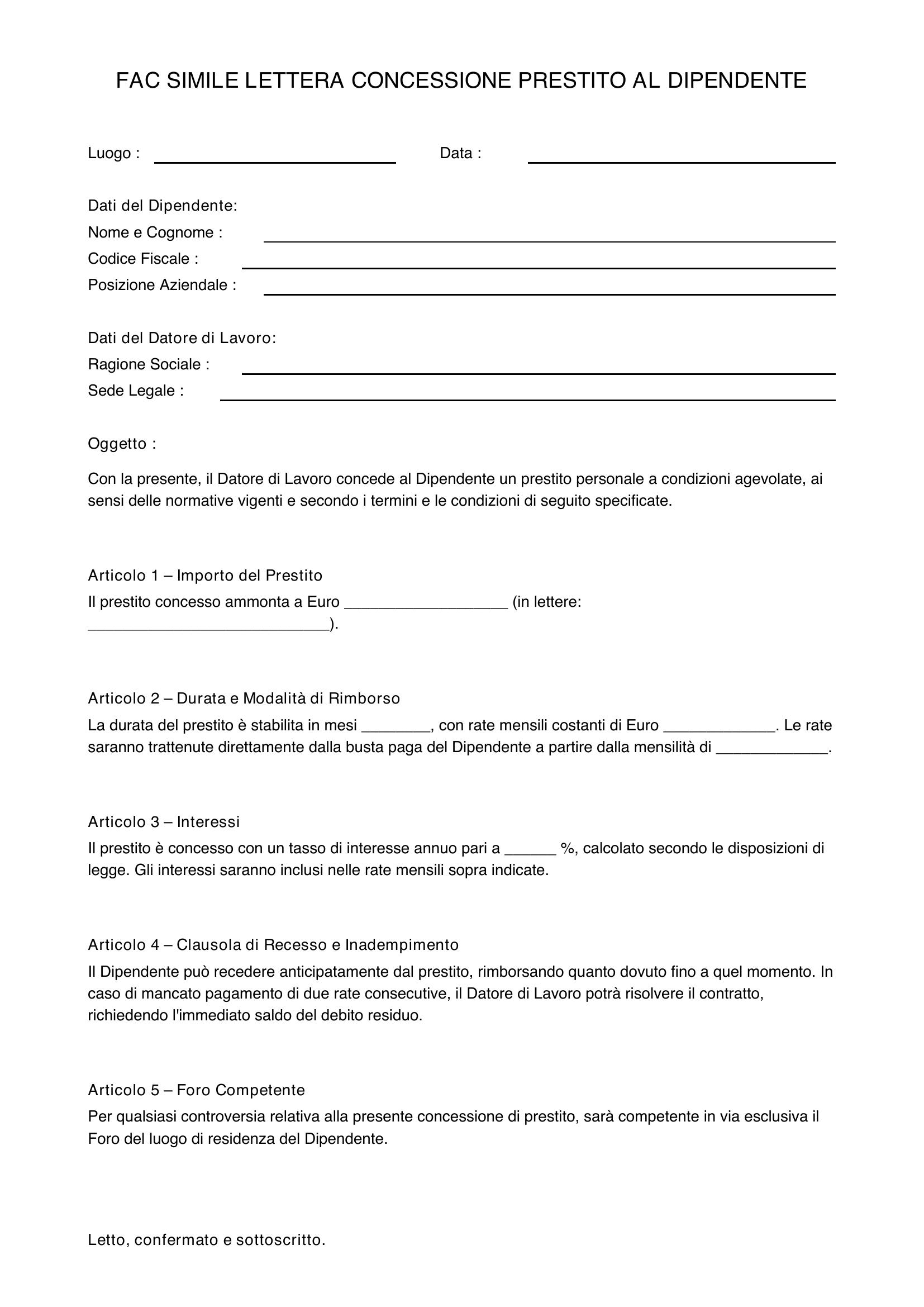 Fac Simile Lettera Concessione Prestito Al Dipendente