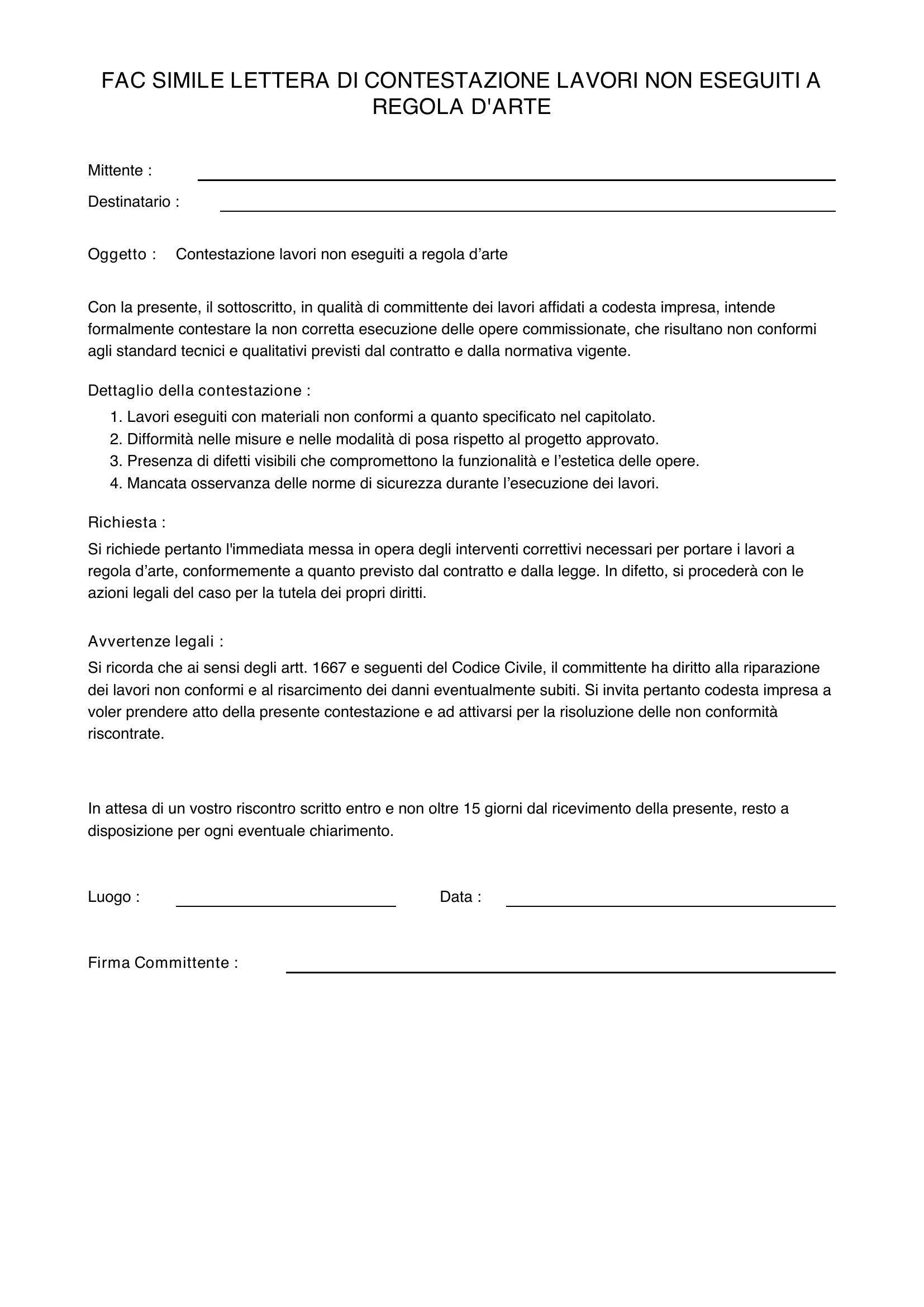 Fac Simile Lettera Contestazione Lavori Non Eseguiti A Regola D'Arte