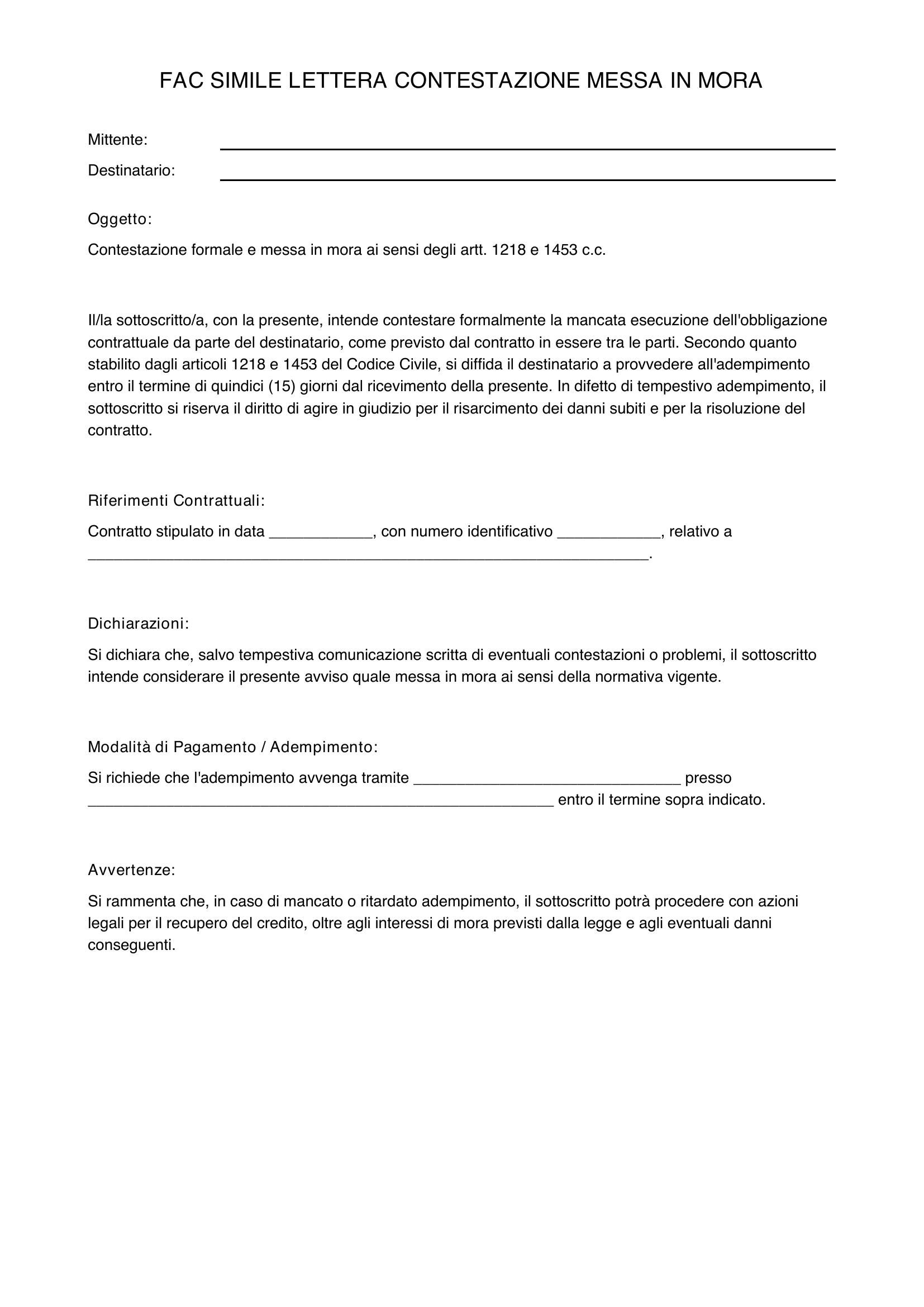 Fac Simile Lettera Contestazione Messa In Mora