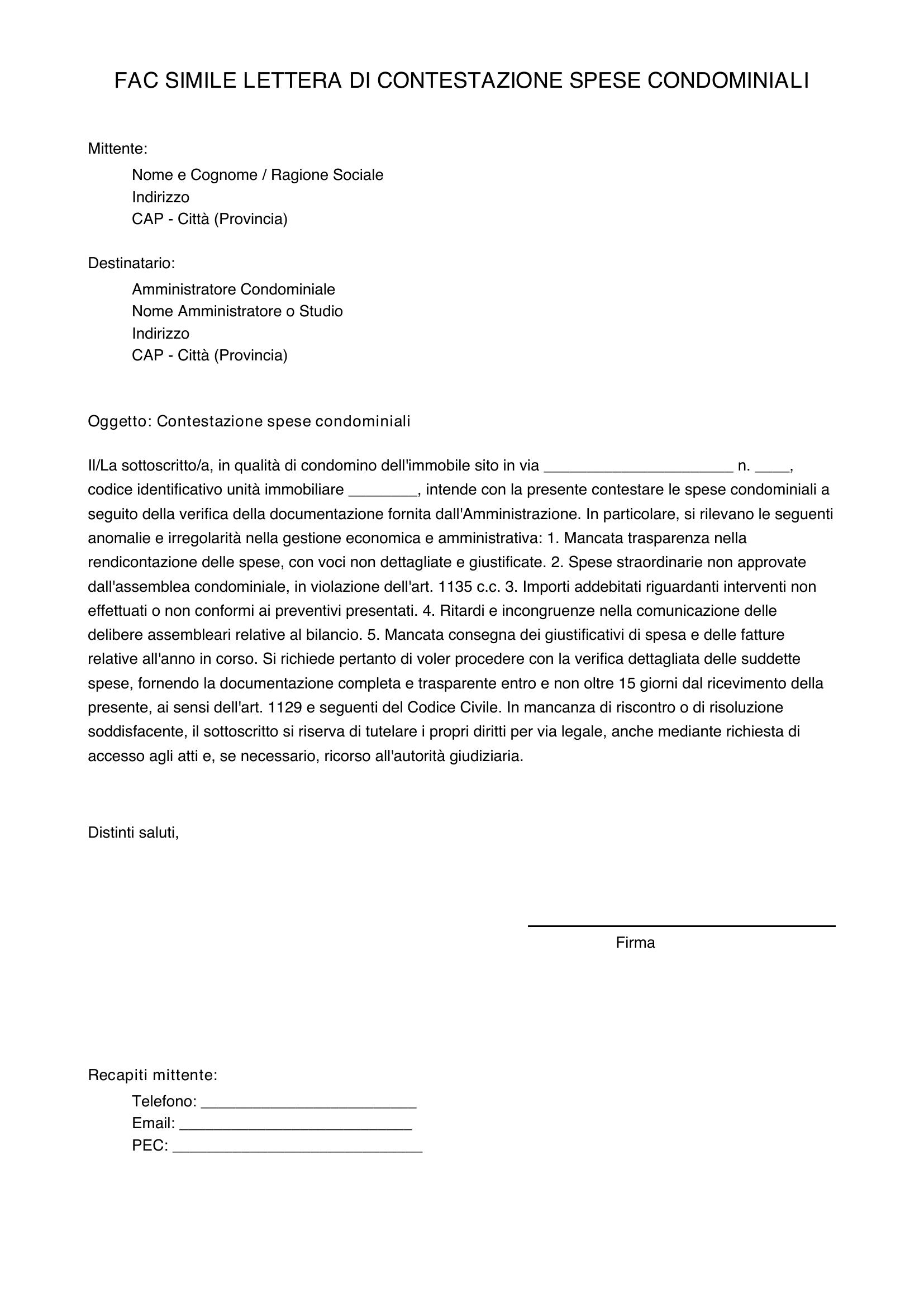 Fac Simile Lettera Contestazione Spese Condominiali