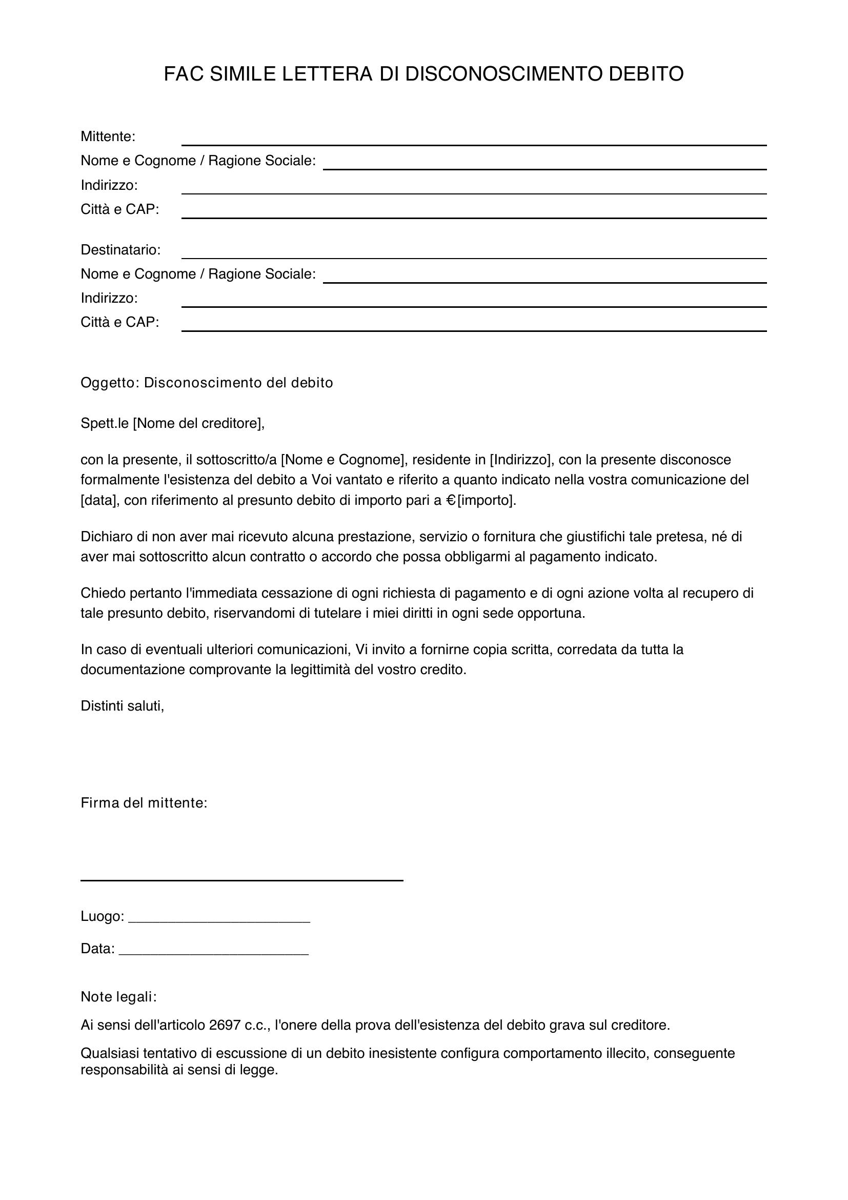 Fac Simile Lettera Di Disconoscimento Debito
