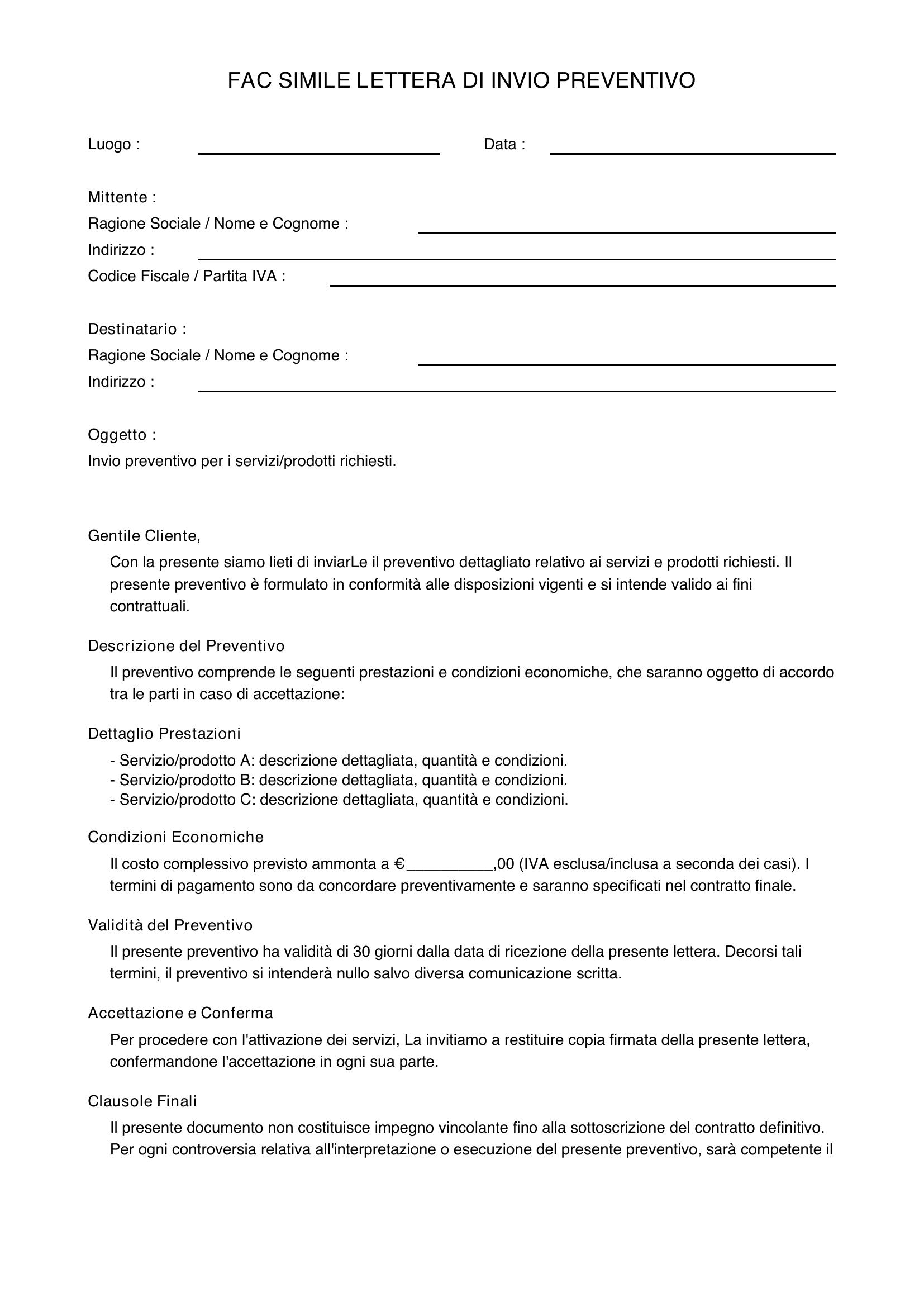 Fac Simile Lettera Di Invio Preventivo