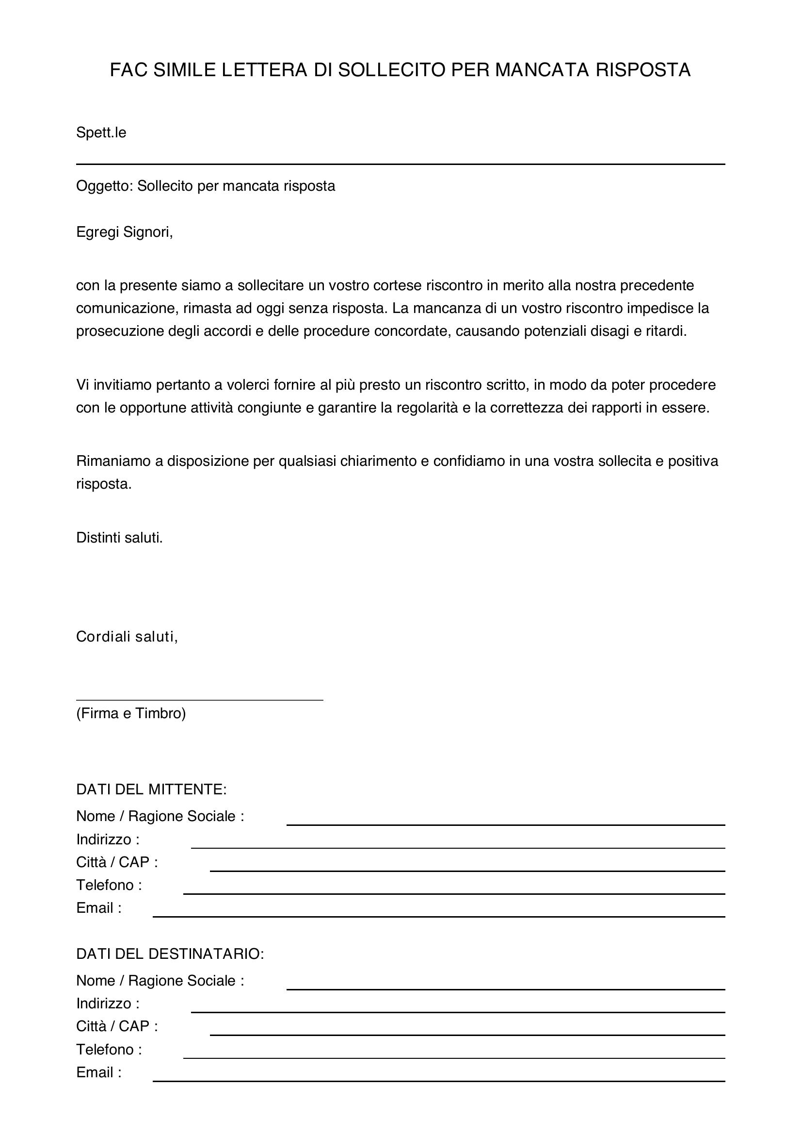 Fac Simile Lettera Di Sollecito Per Mancata Risposta