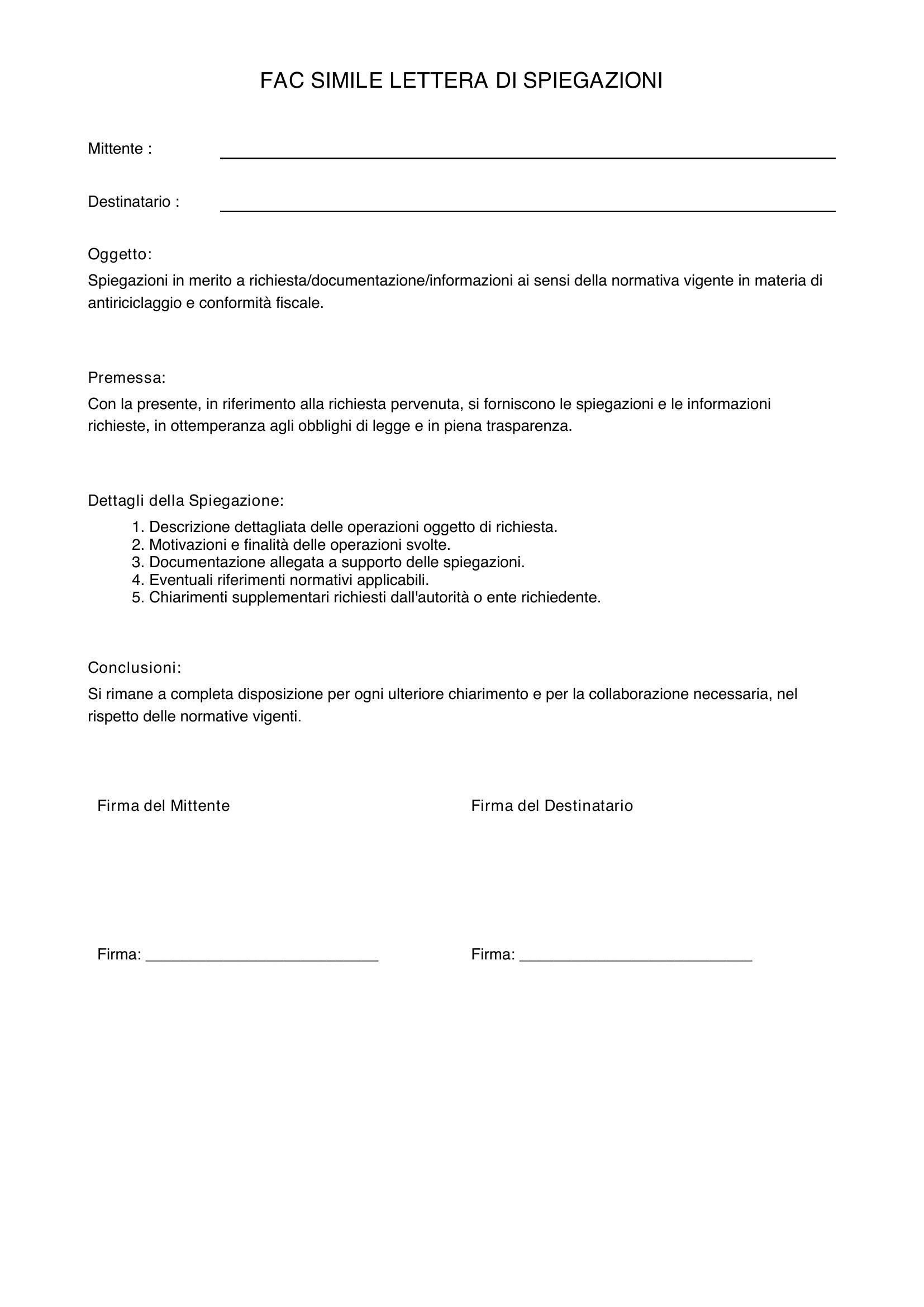 Fac Simile Lettera Di Spiegazioni