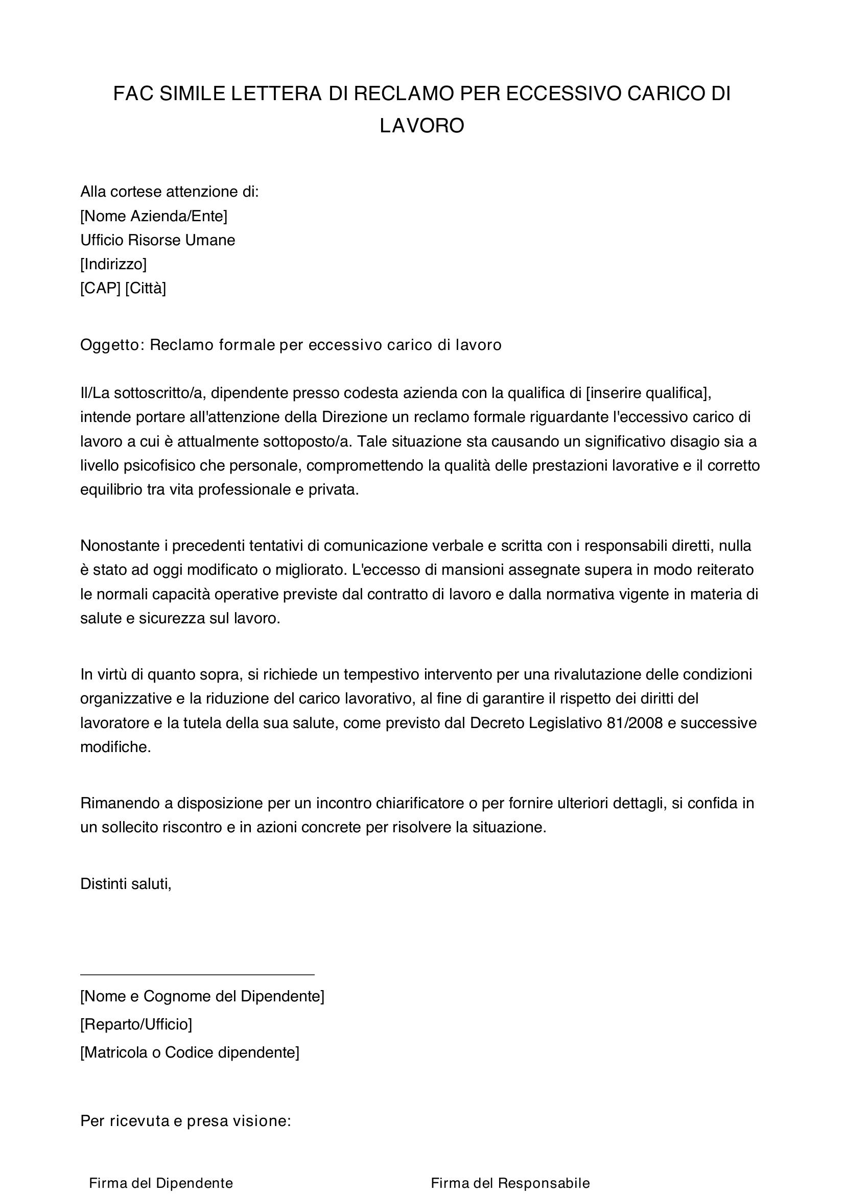 Fac Simile Lettera Eccessivo Carico Di Lavoro
