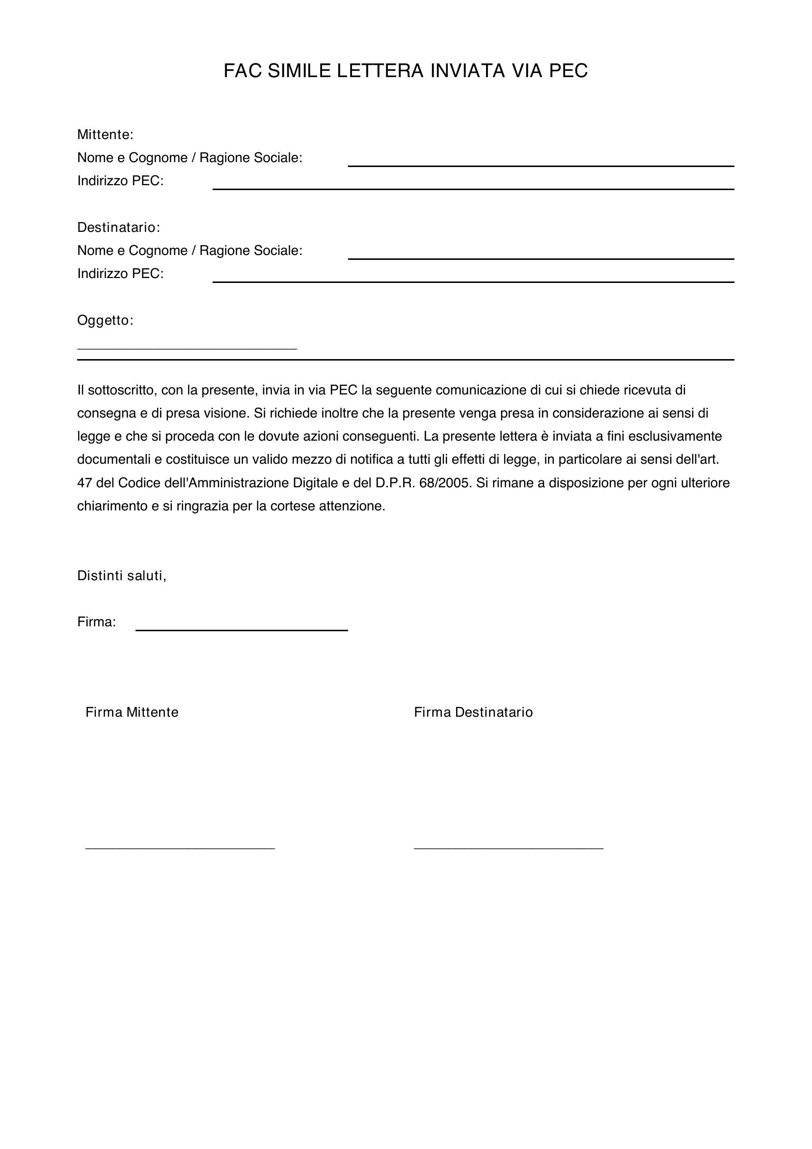 Fac Simile Lettera Inviata Via Pec