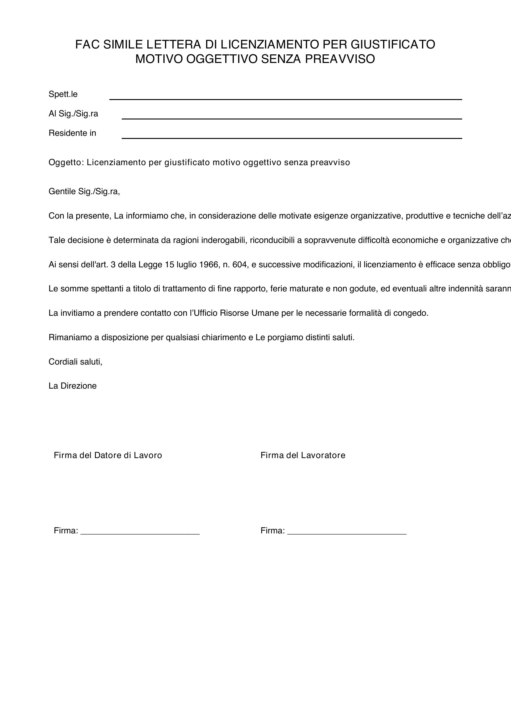 Fac Simile Lettera Licenziamento Giustificato Motivo Oggettivo Senza Preavviso