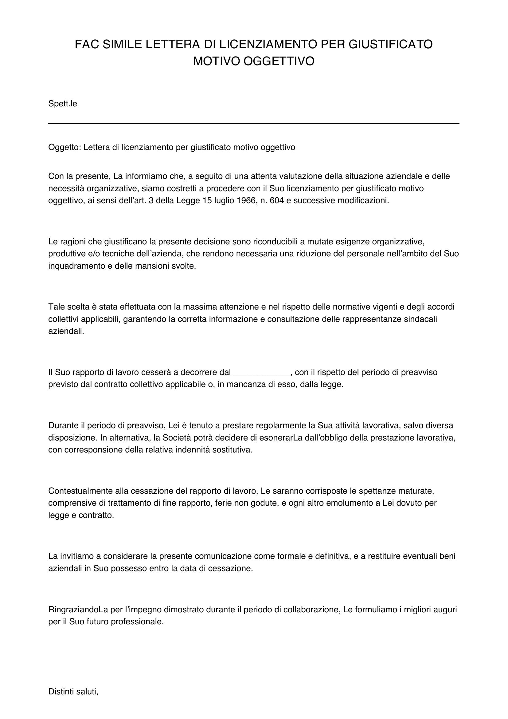 Fac Simile Lettera Licenziamento Giustificato Motivo Oggettivo