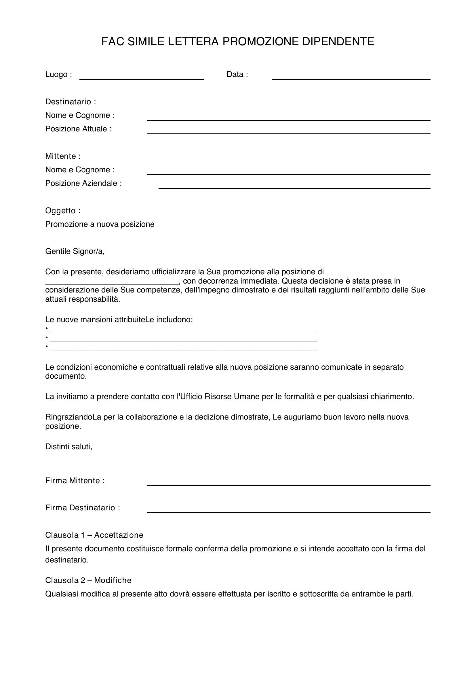 Fac Simile Lettera Promozione Dipendente