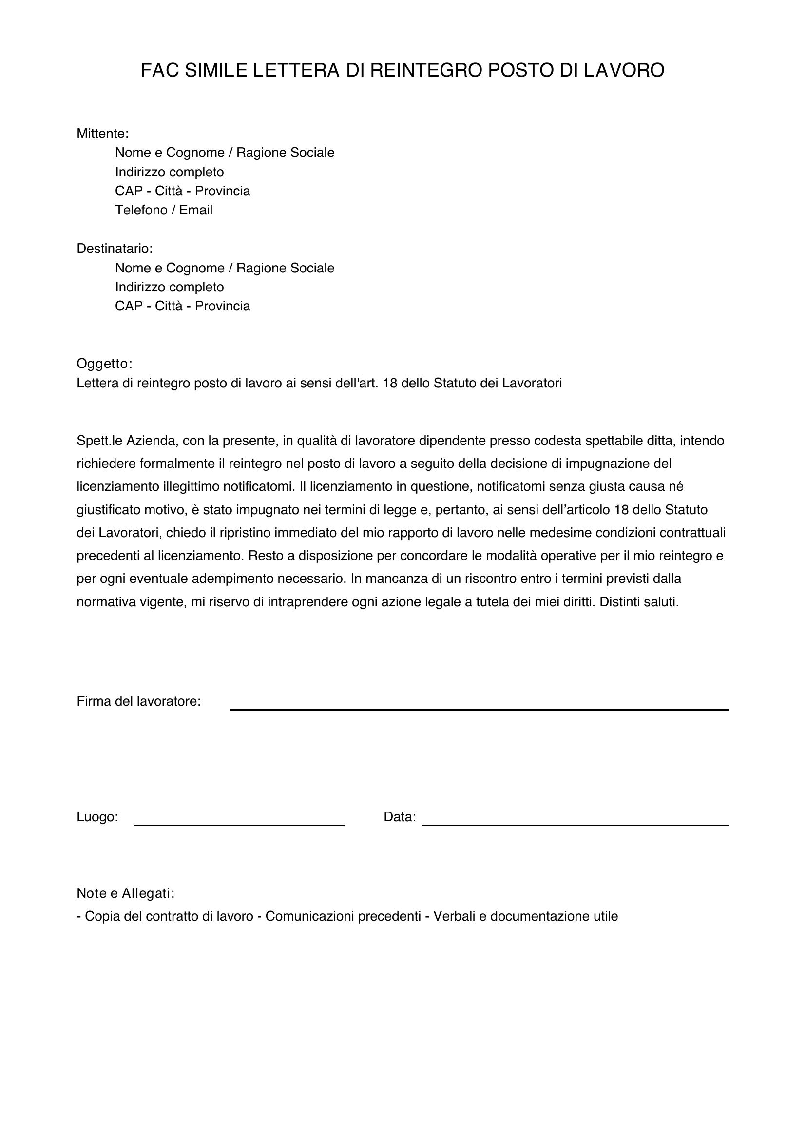Fac Simile Lettera Reintegro Posto Di Lavoro