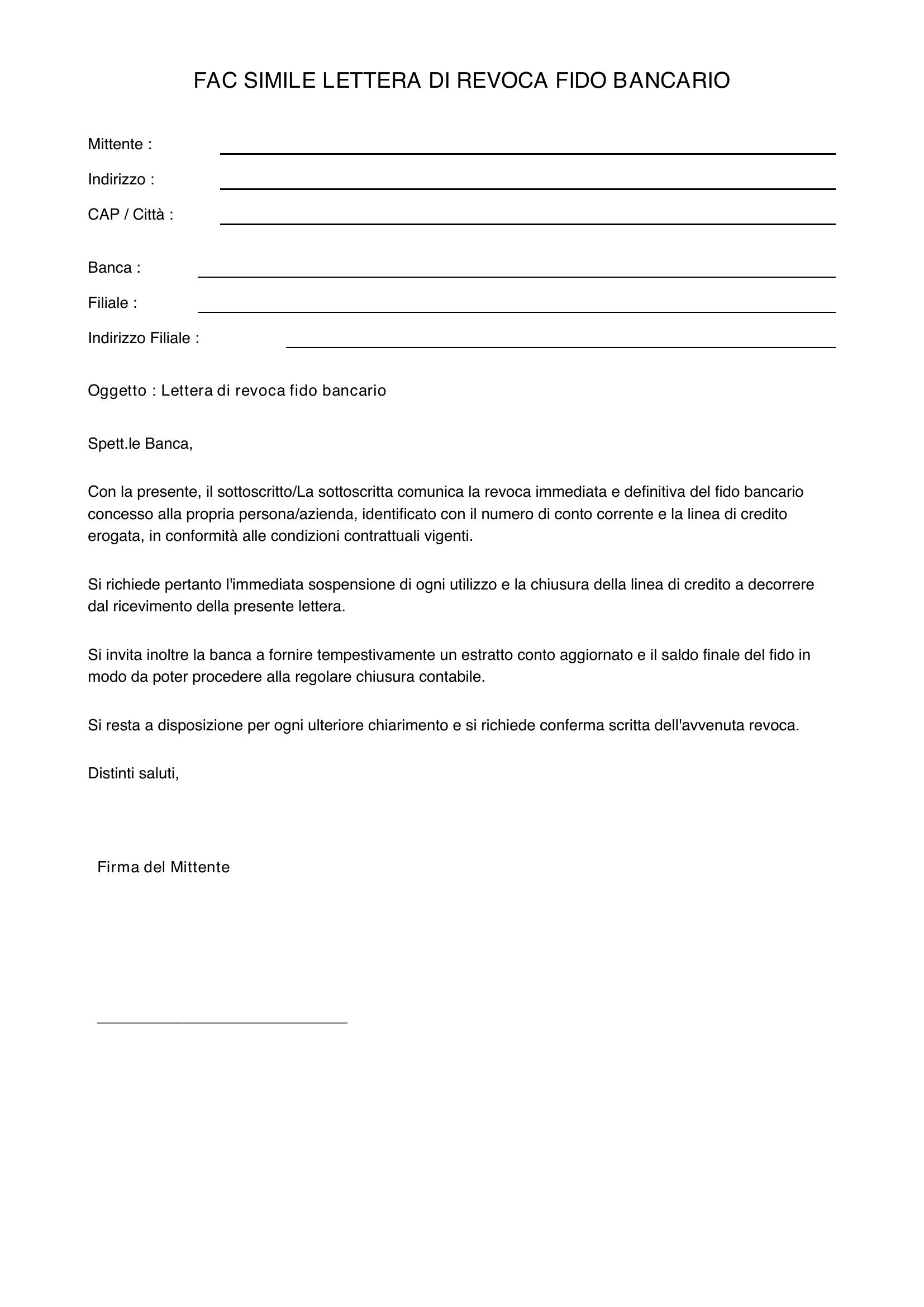 Fac Simile Lettera Revoca Fido Bancario