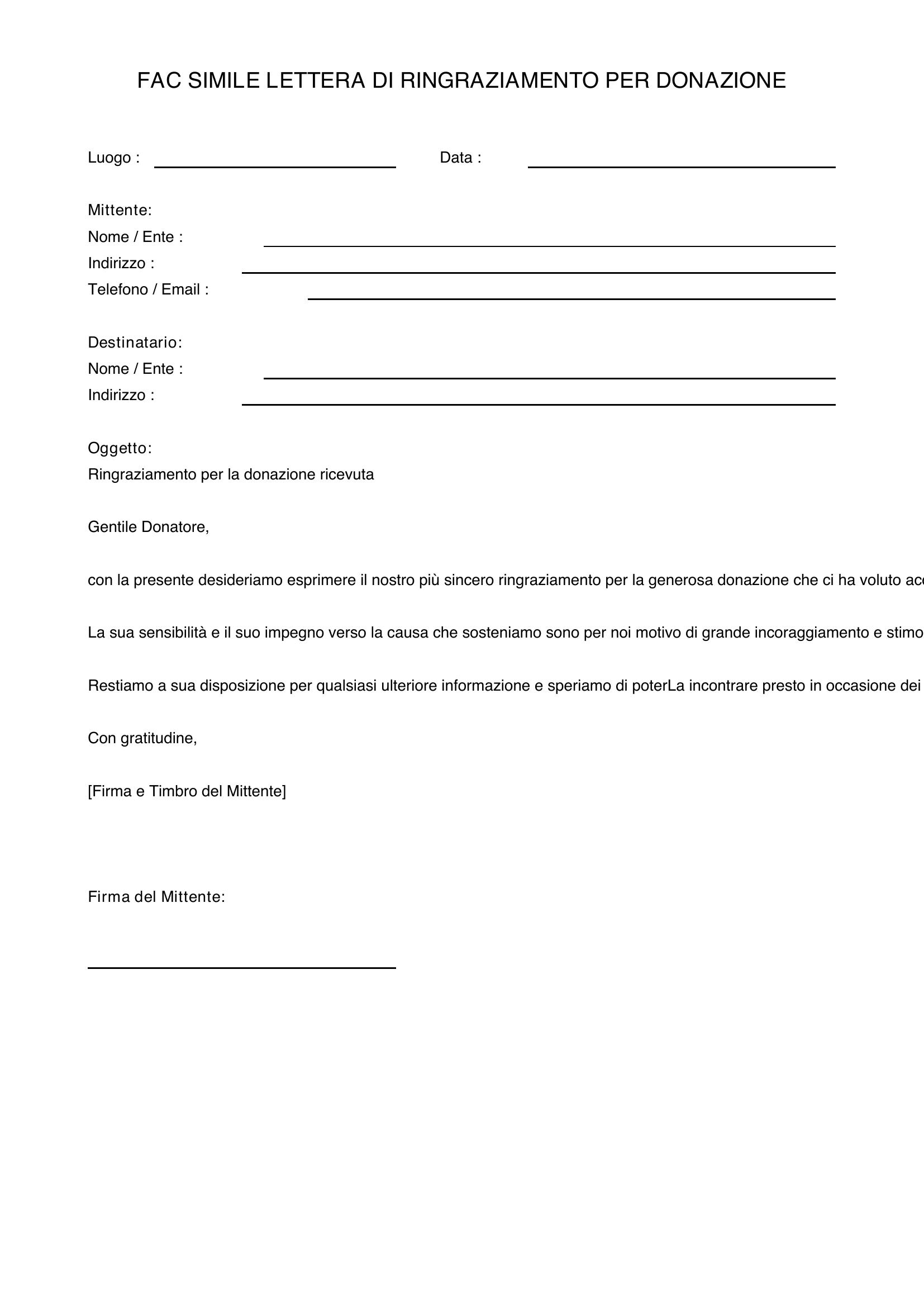Fac Simile Lettera Ringraziamento Per Donazione