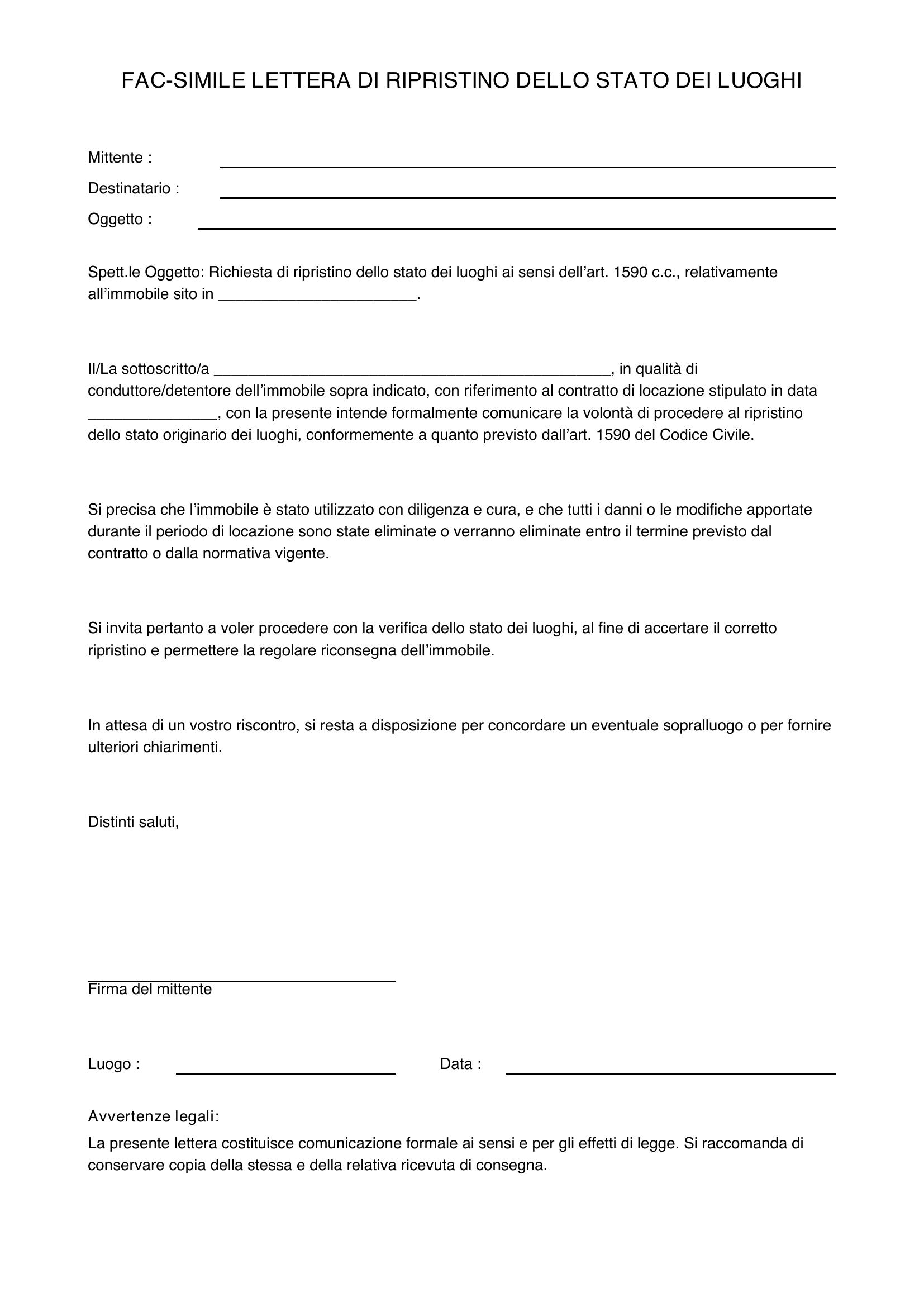 Fac-Simile Lettera Ripristino Stato Dei Luoghi