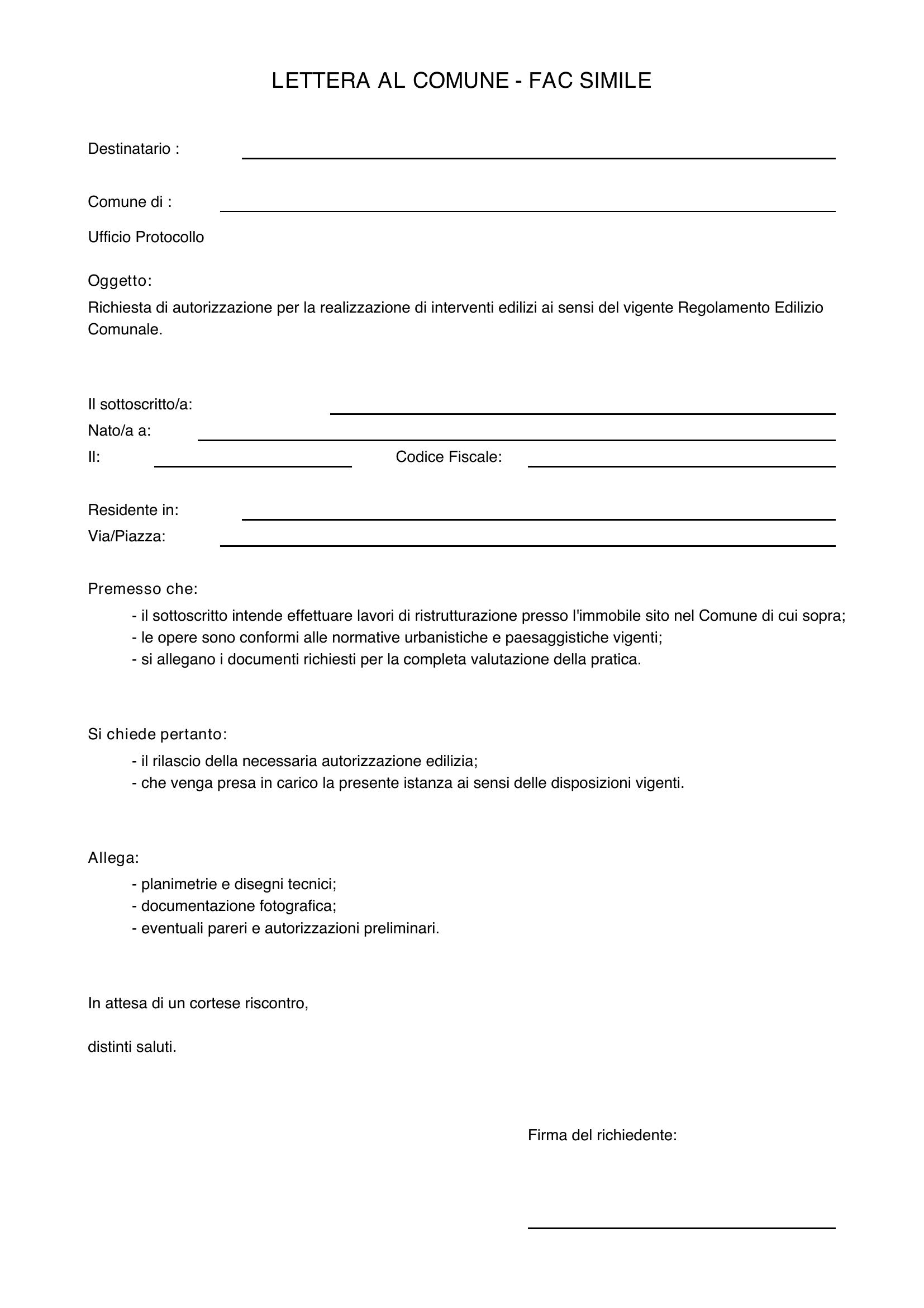 Lettera Al Comune Fac Simile