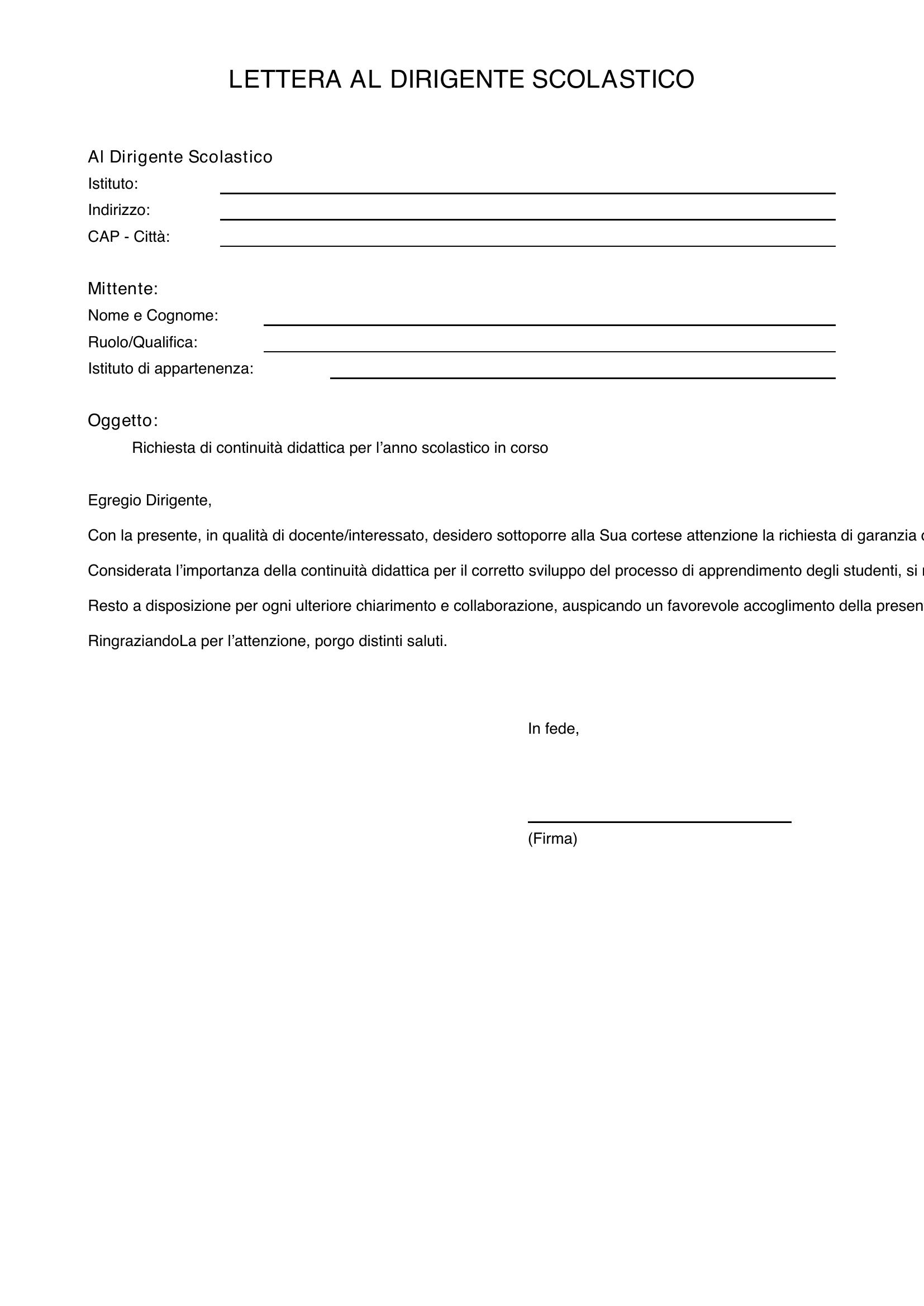 Lettera Al Dirigente Per Continuità Didattica