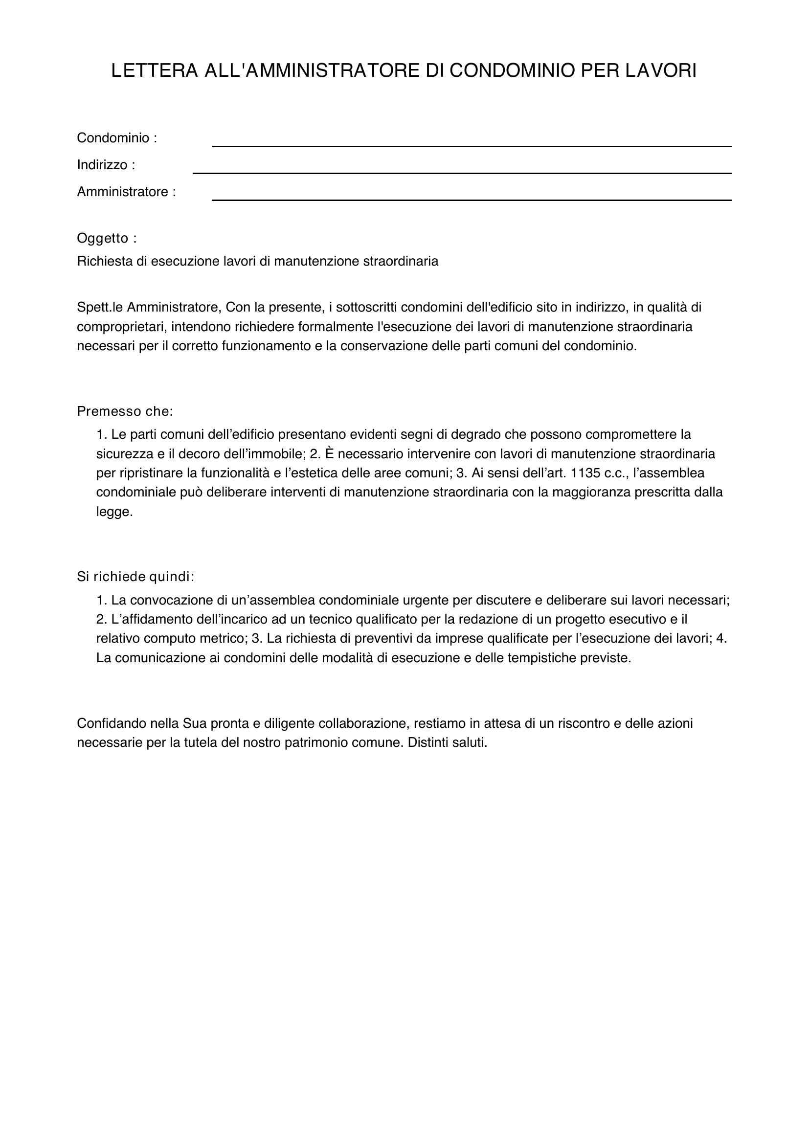 Lettera Amministratore Condominio Per Lavori