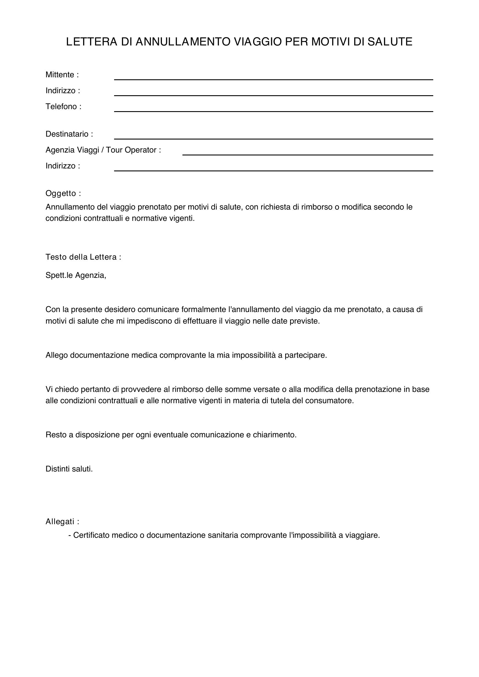 Lettera Annullamento Viaggio Per Motivi Di Salute