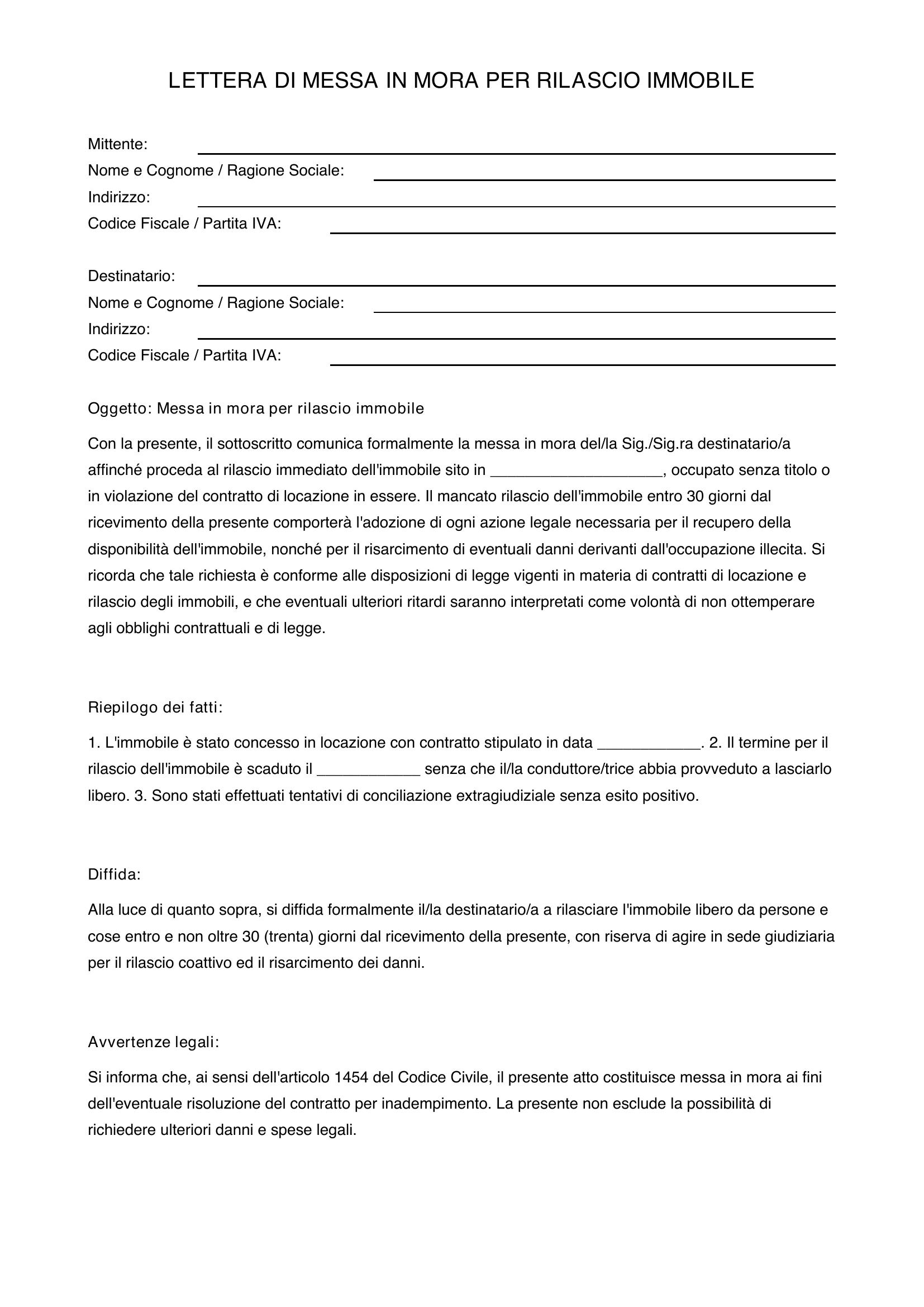 Lettera Avvocato Rilascio Immobile