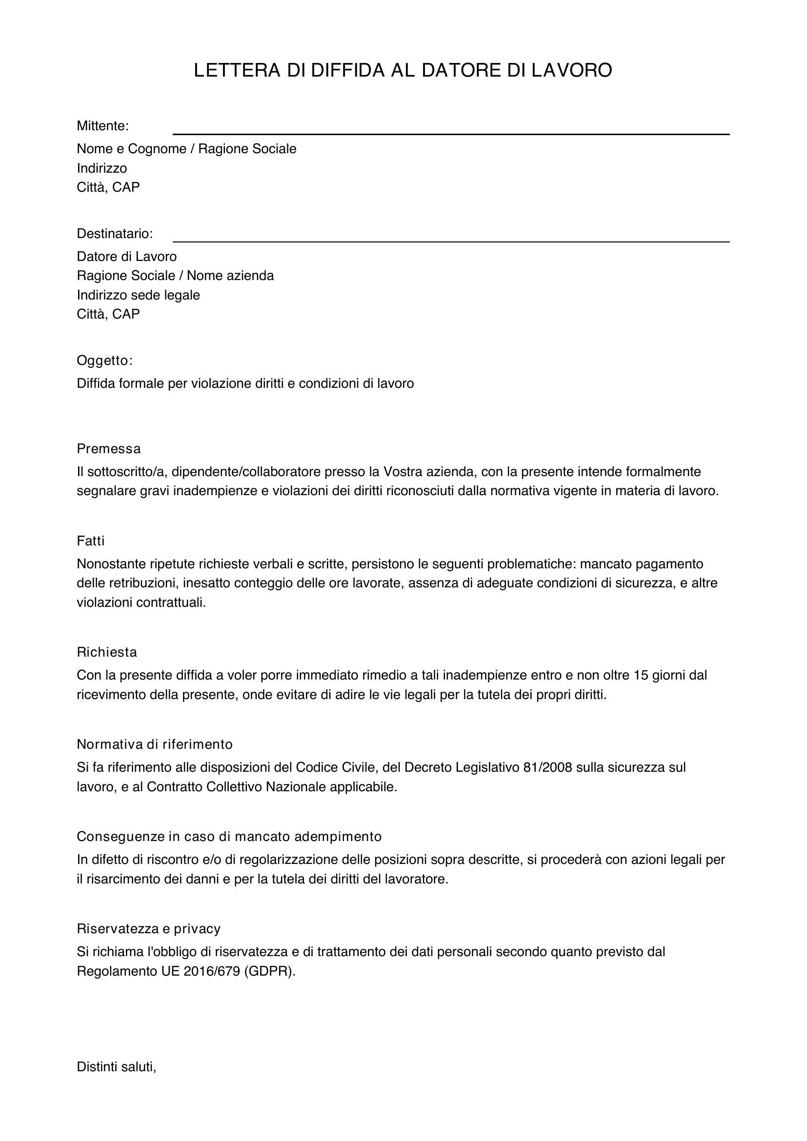 Lettera Di Diffida Al Datore Di Lavoro Fac Simile