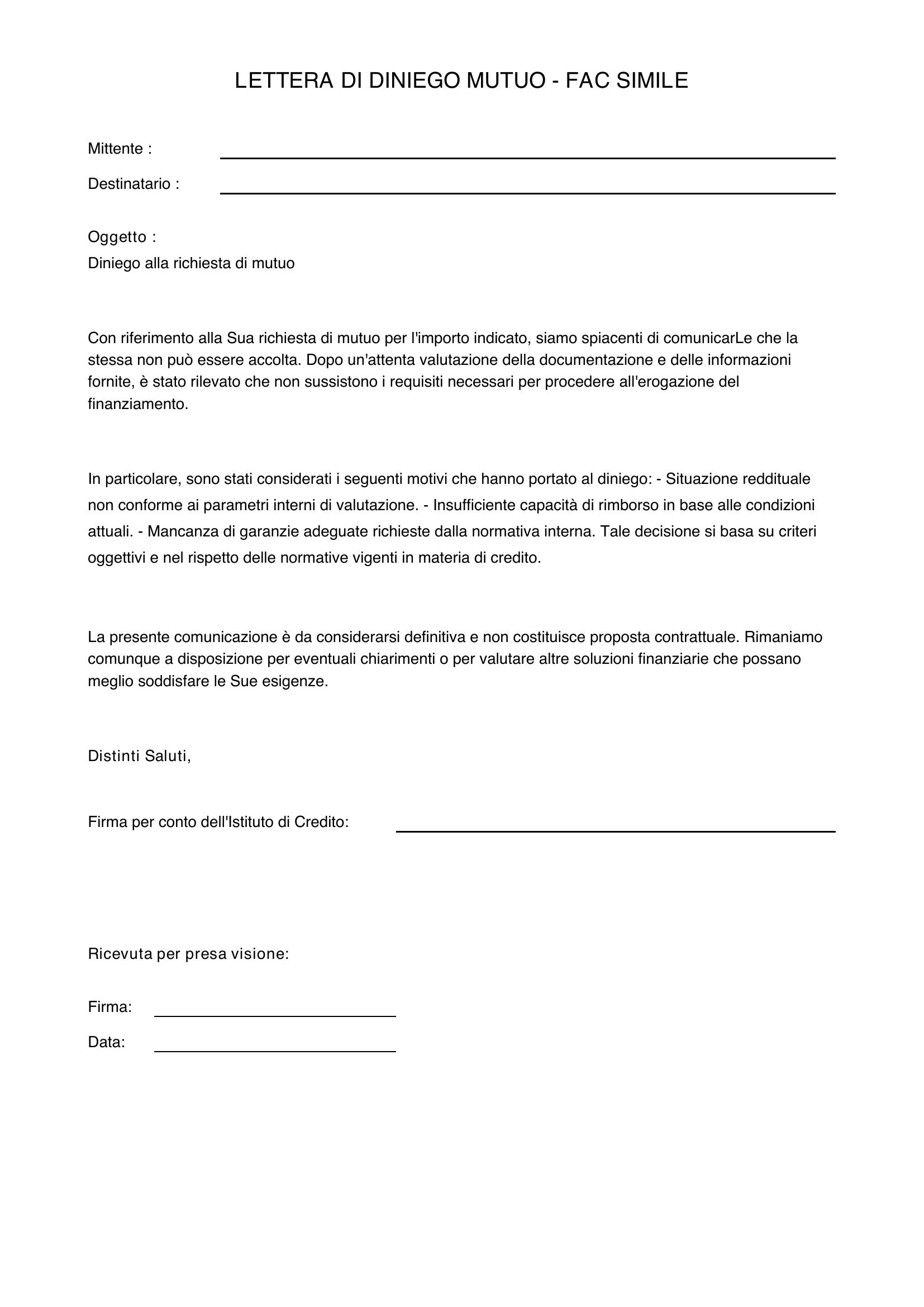 Lettera Di Diniego Mutuo Fac Simile