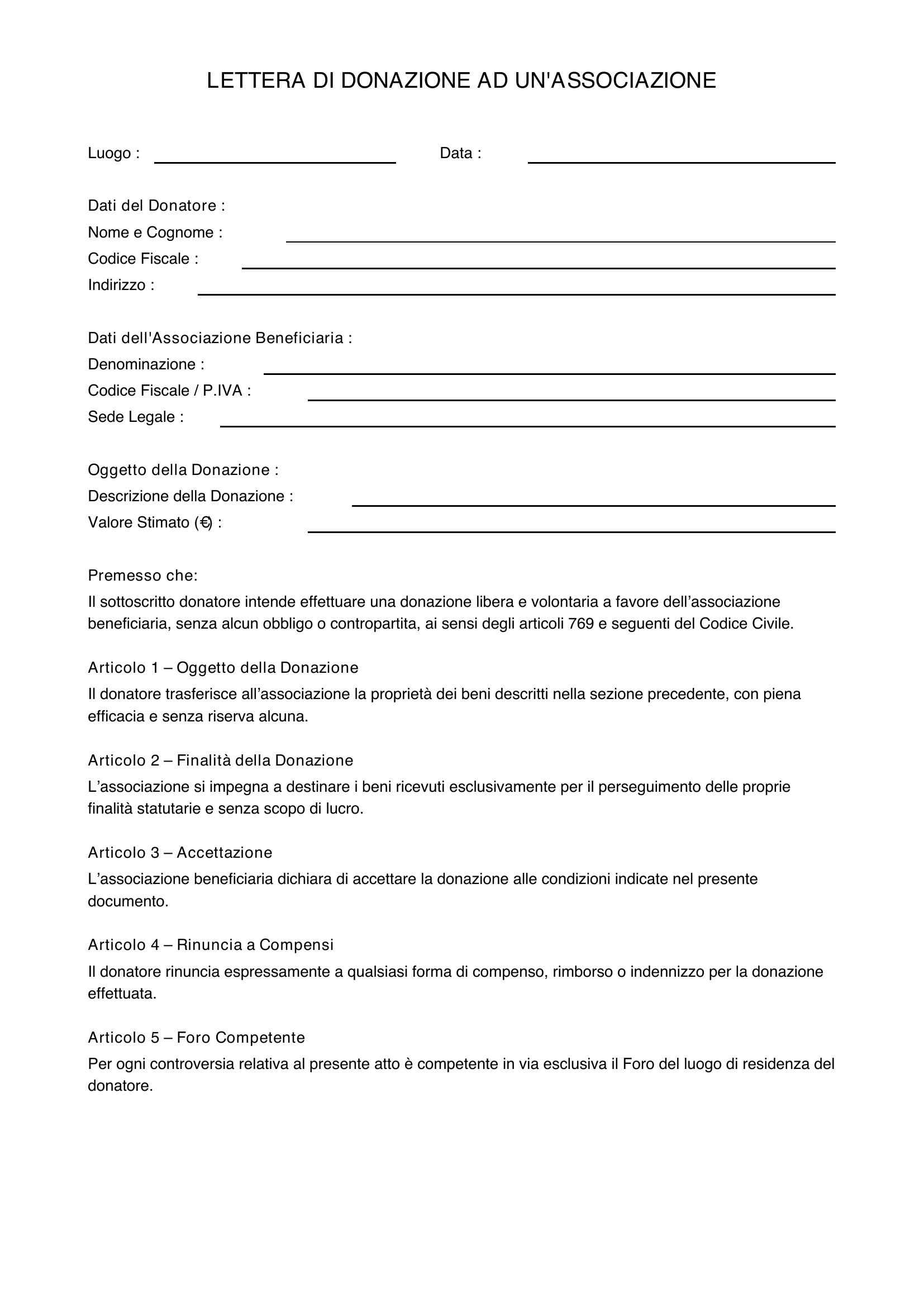 Lettera Di Donazione Ad Un'Associazione Fac Simile