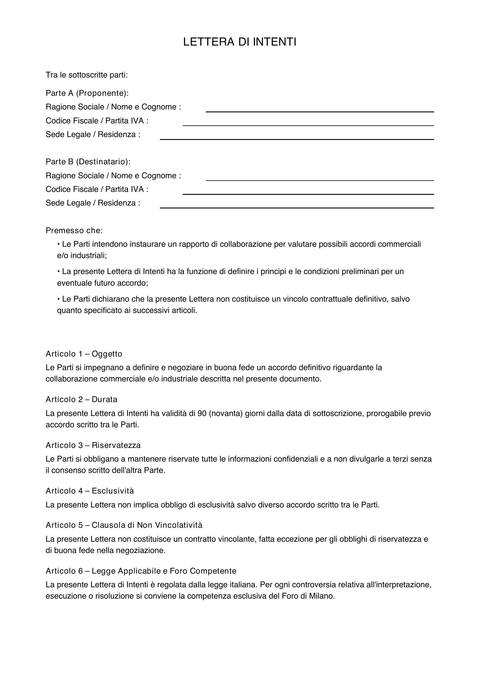 Lettera Di Intenti Modello