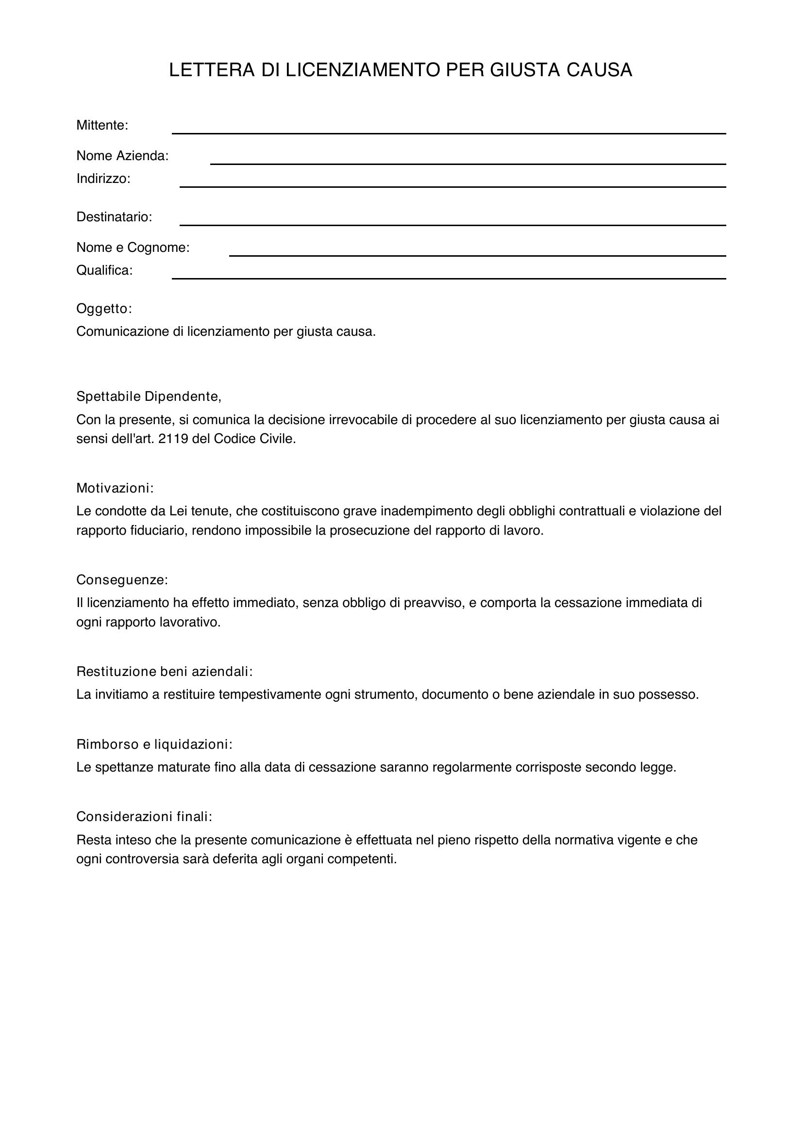 Lettera Di Licenziamento Per Giusta Causa Modello