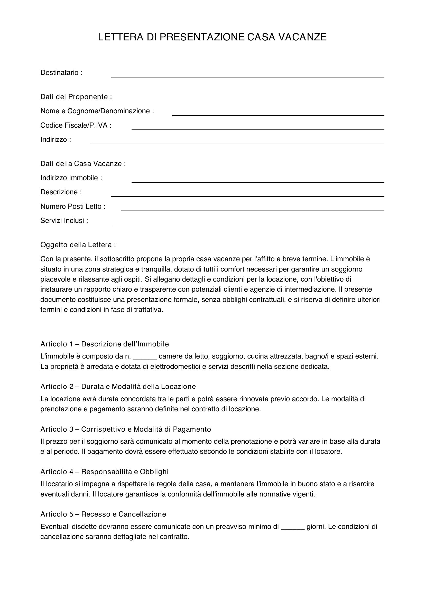 Lettera Di Presentazione Casa Vacanze