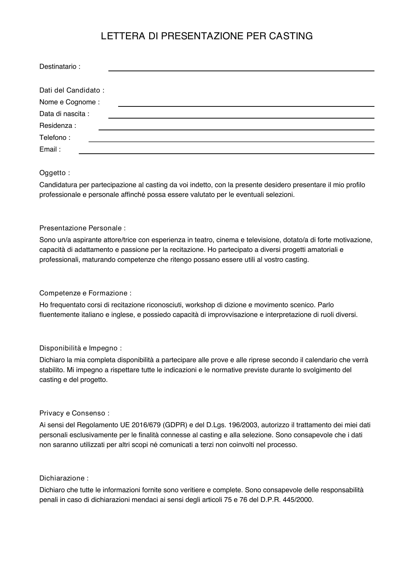 Lettera Di Presentazione Per Casting