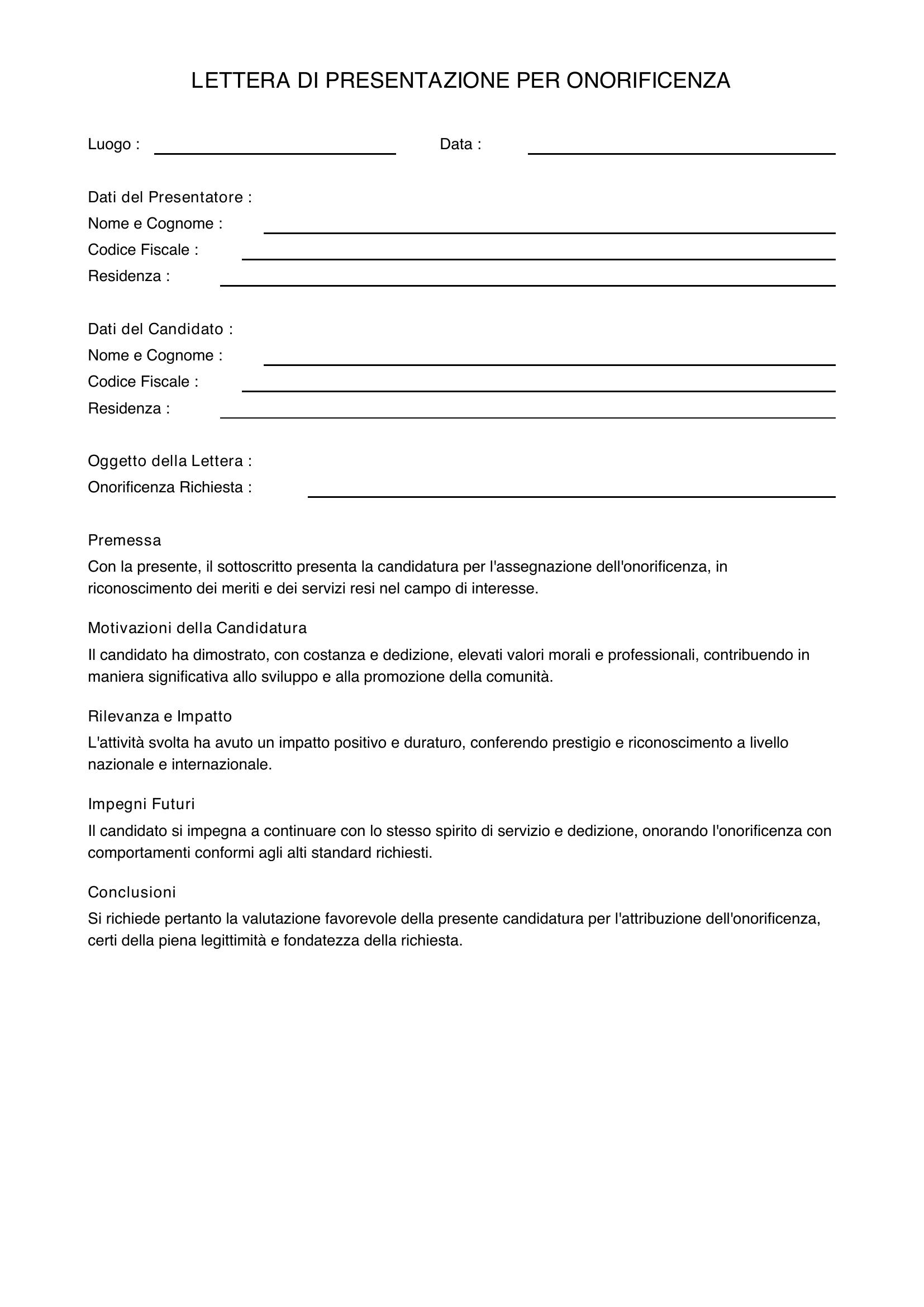 Lettera Di Presentazione Per Onorificenza