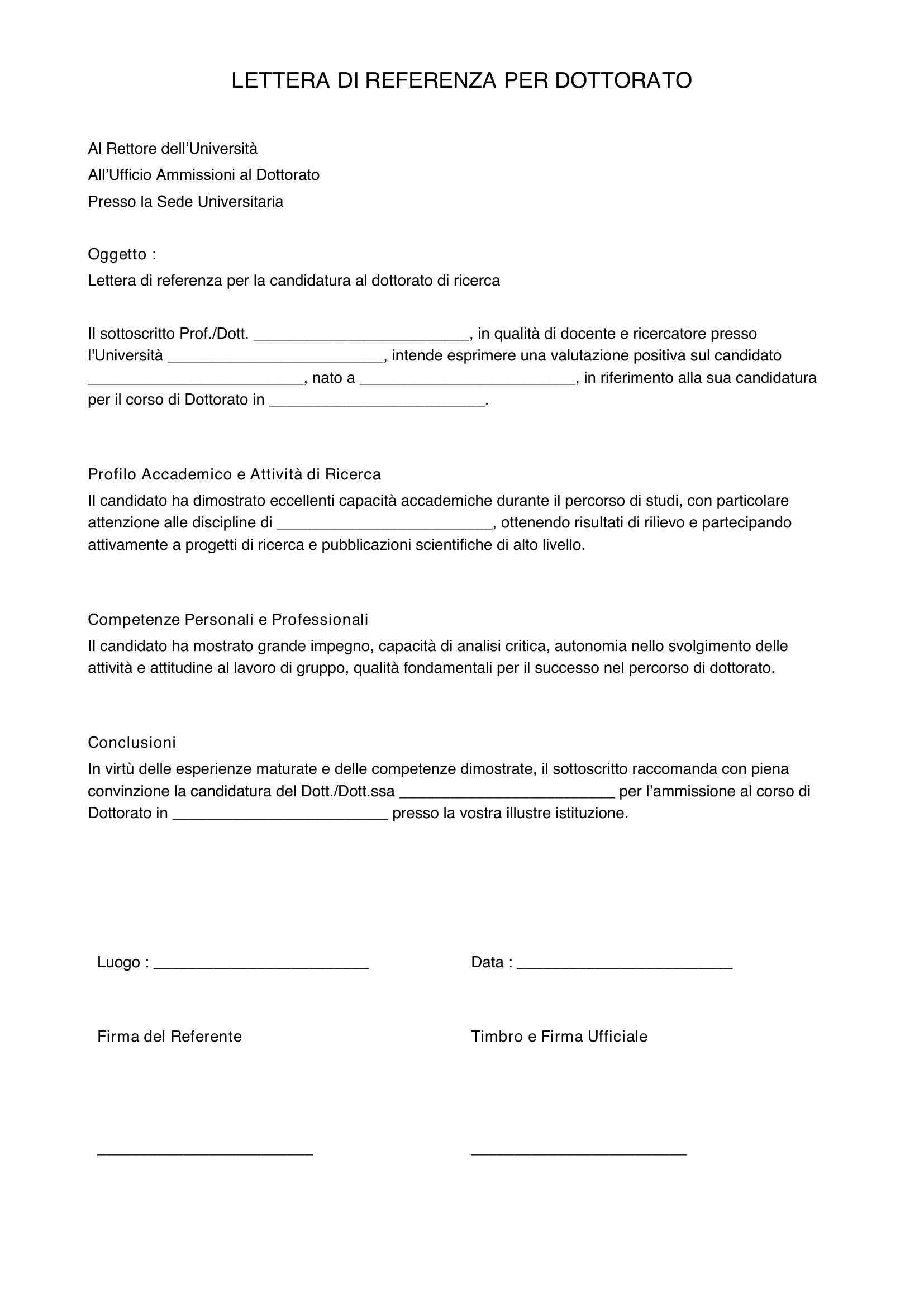 Lettera Di Referenza Per Dottorato Esempio
