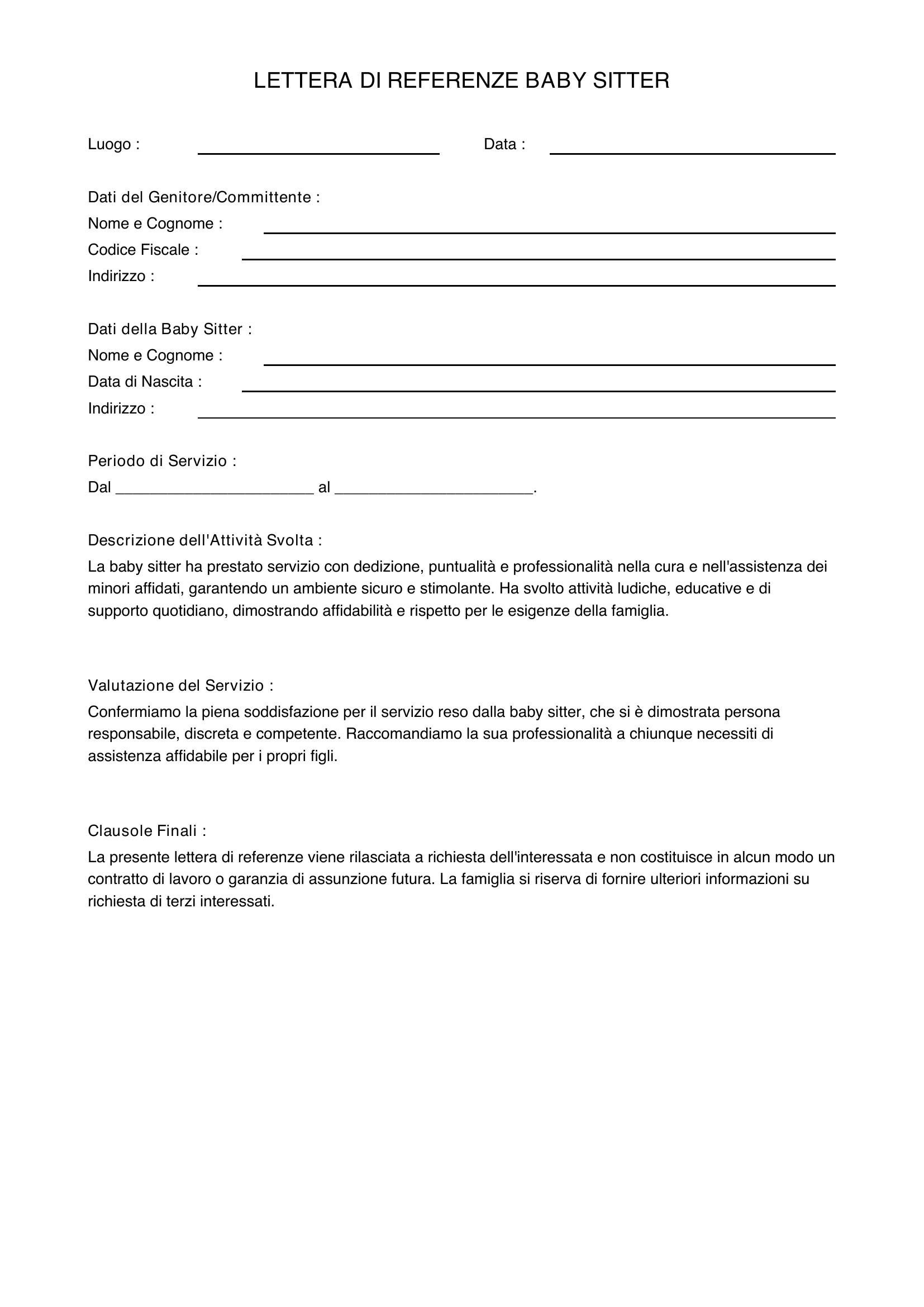 Lettera Di Referenze Baby Sitter Esempio