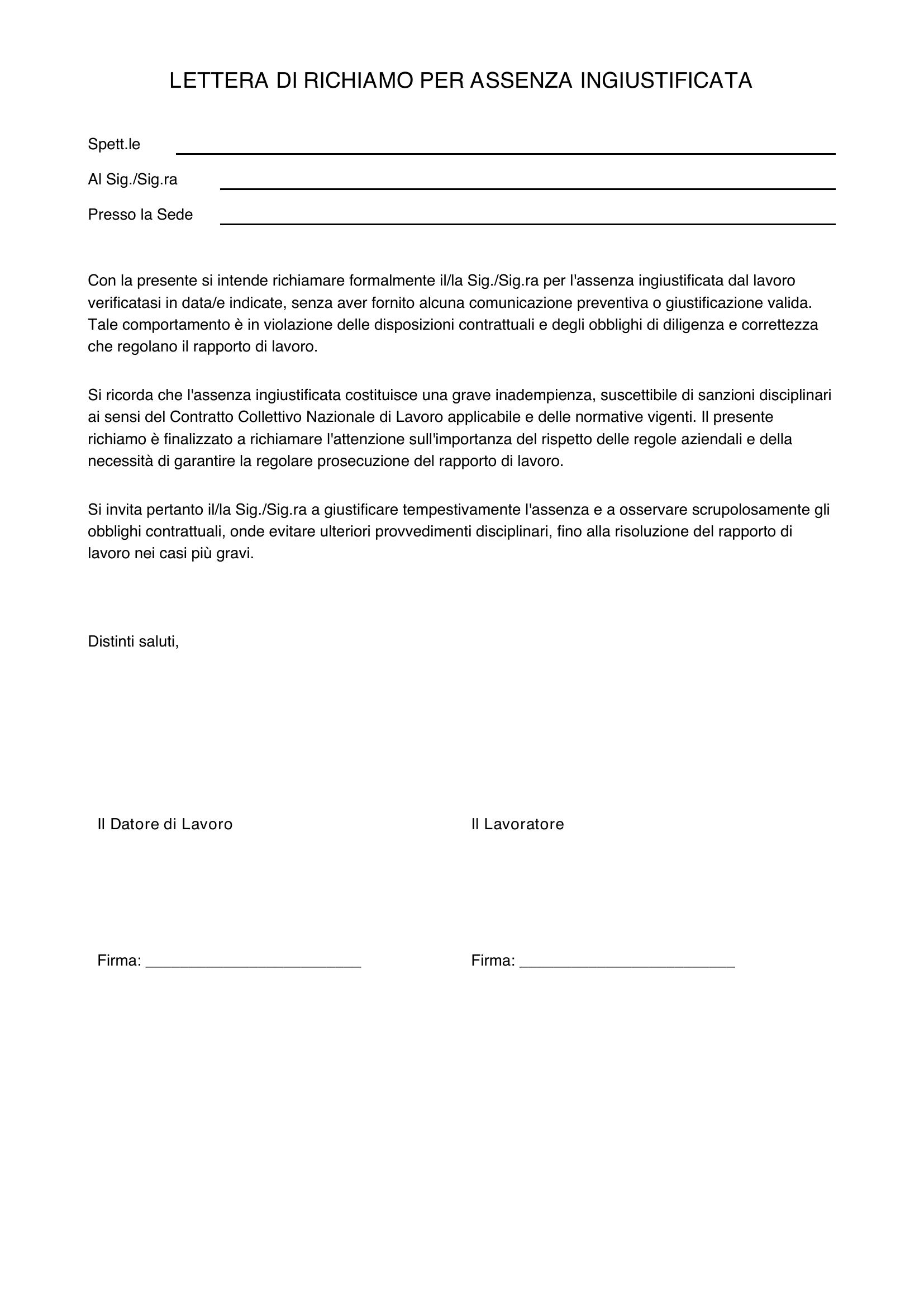 Lettera Di Richiamo Per Assenza Ingiustificata