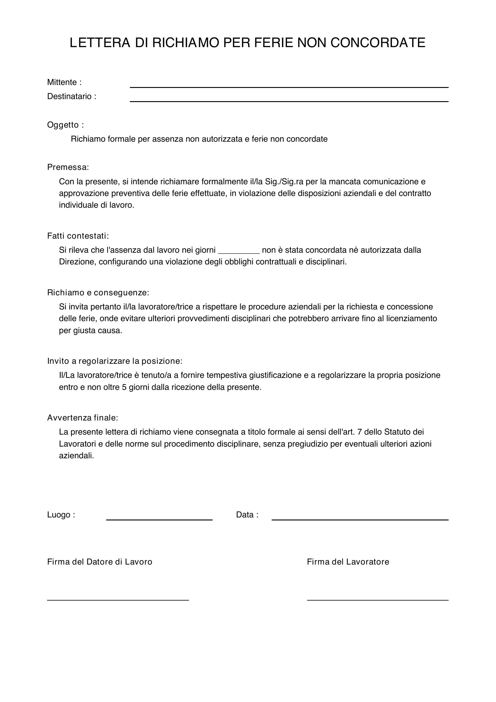Lettera Di Richiamo Per Ferie Non Concordate