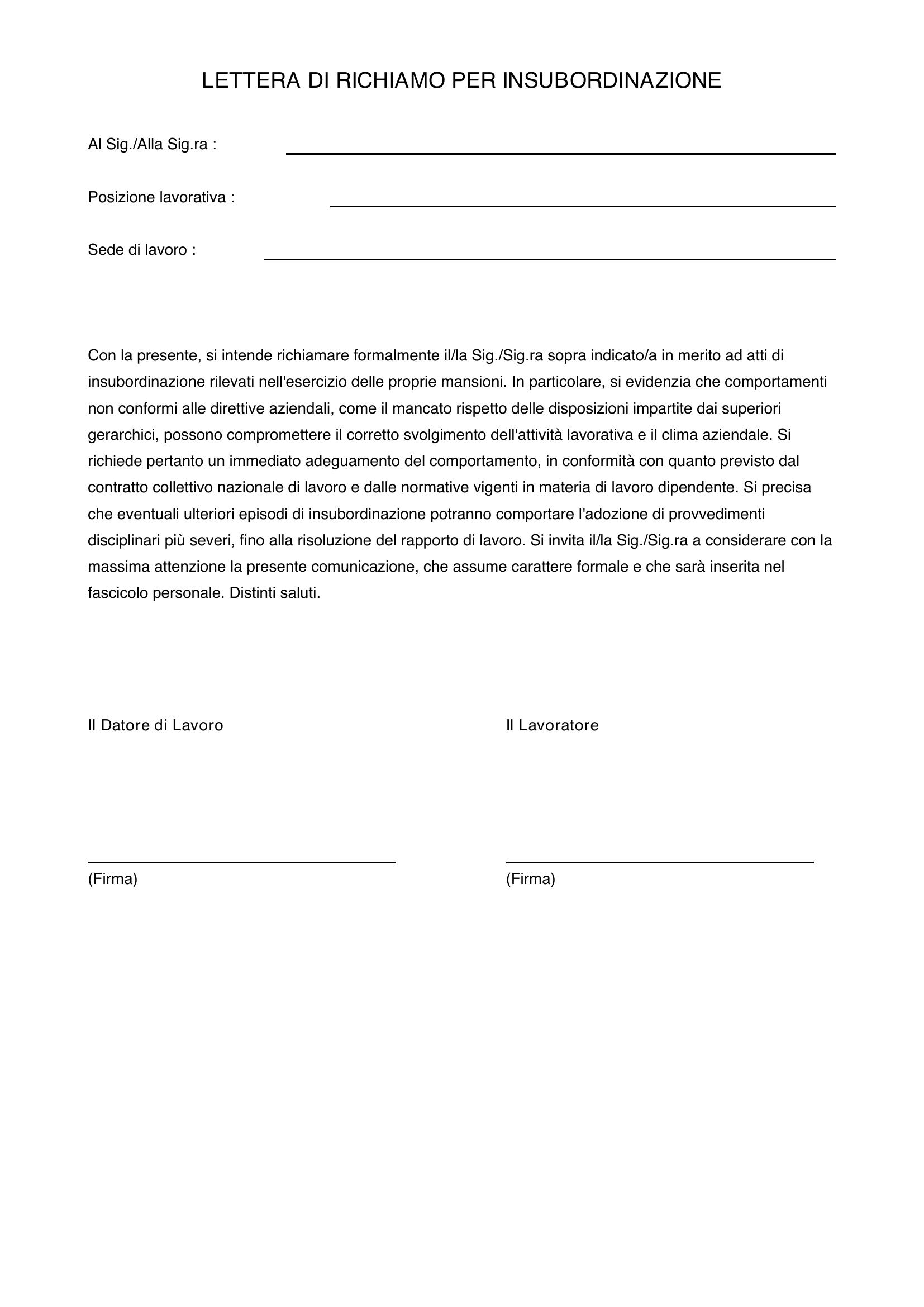 Lettera Di Richiamo Per Insubordinazione Fac Simile