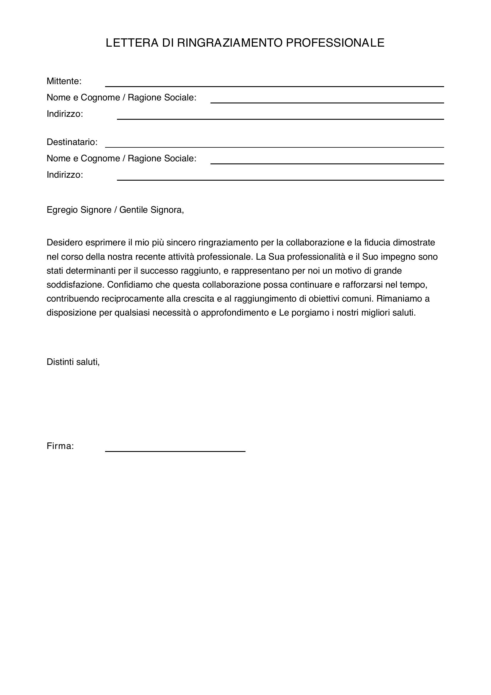 Lettera Di Ringraziamento Professionale