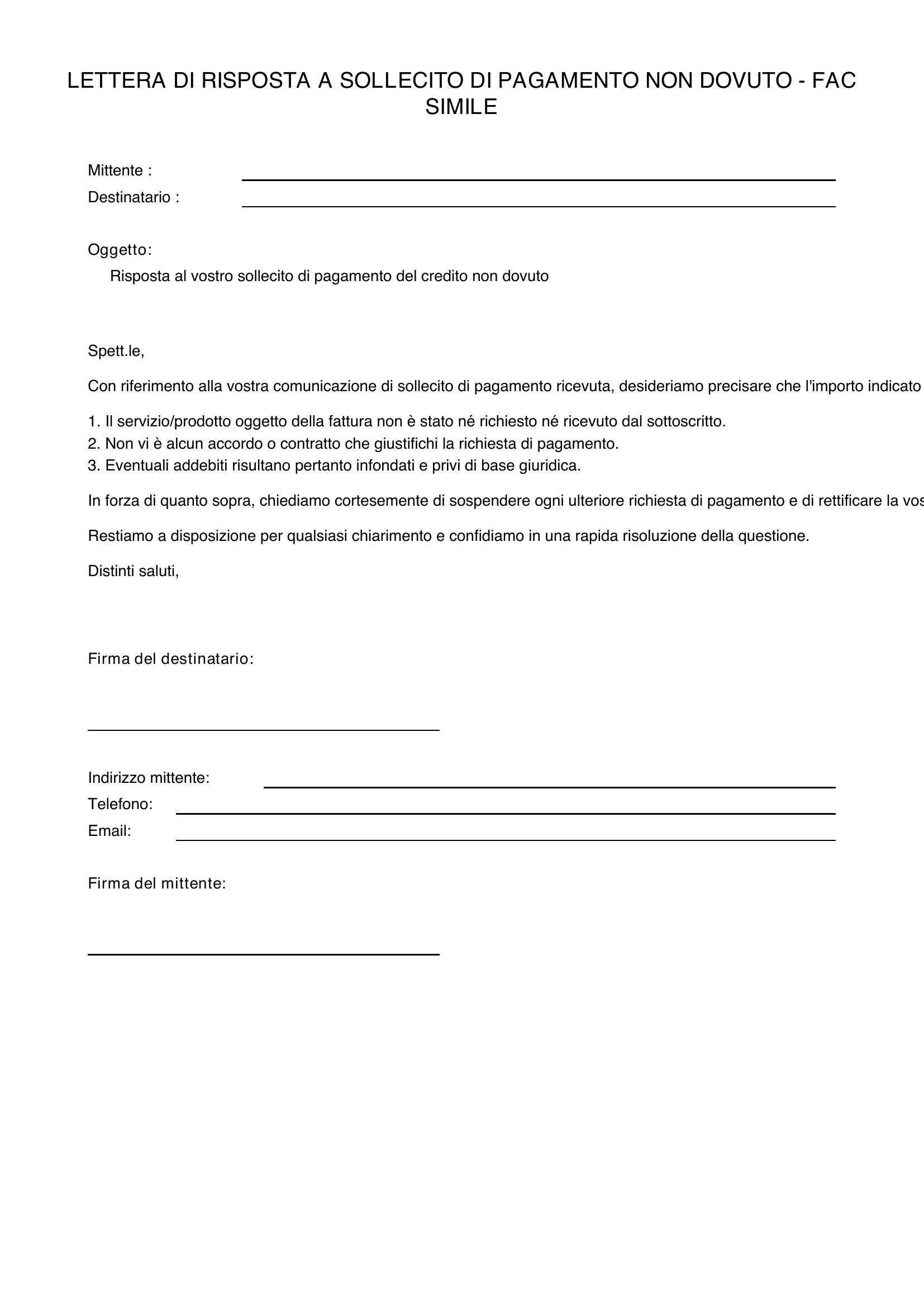 Lettera Di Risposta A Sollecito Di Pagamento Non Dovuto Fac Simile