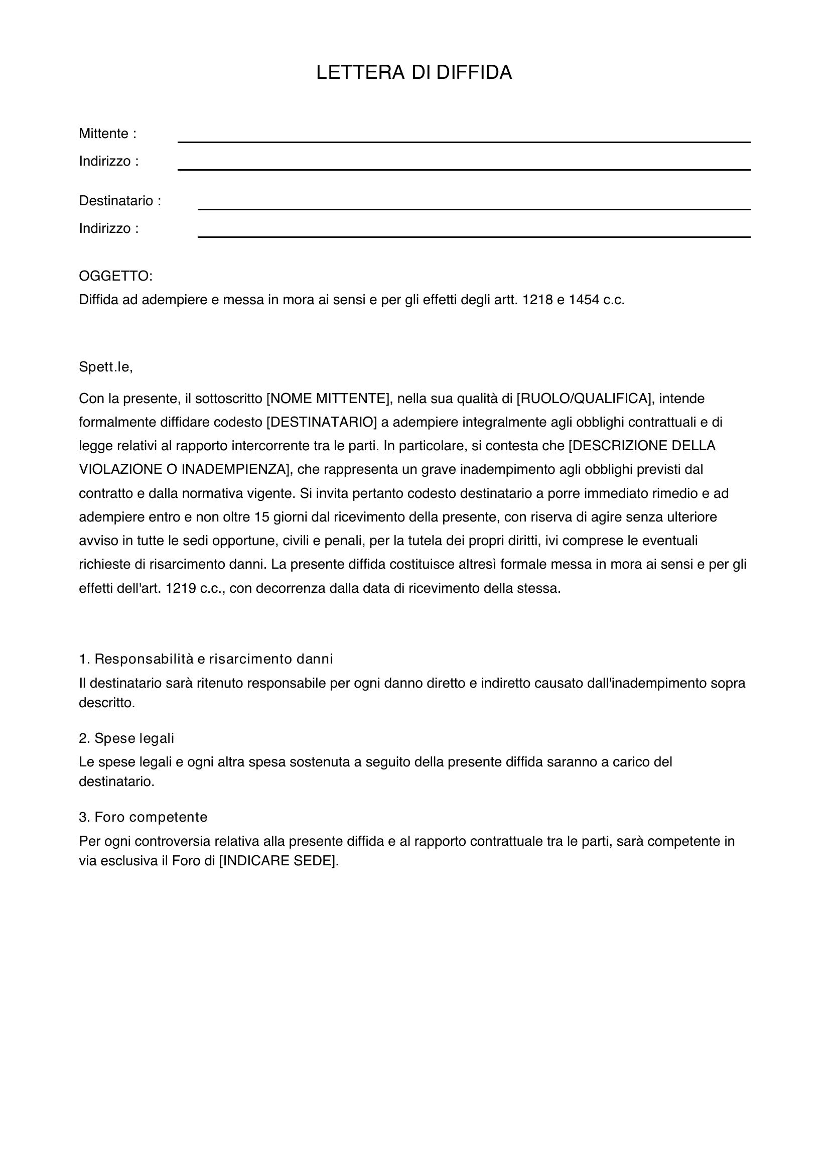 Lettera Diffida Avvocato Fac Simile