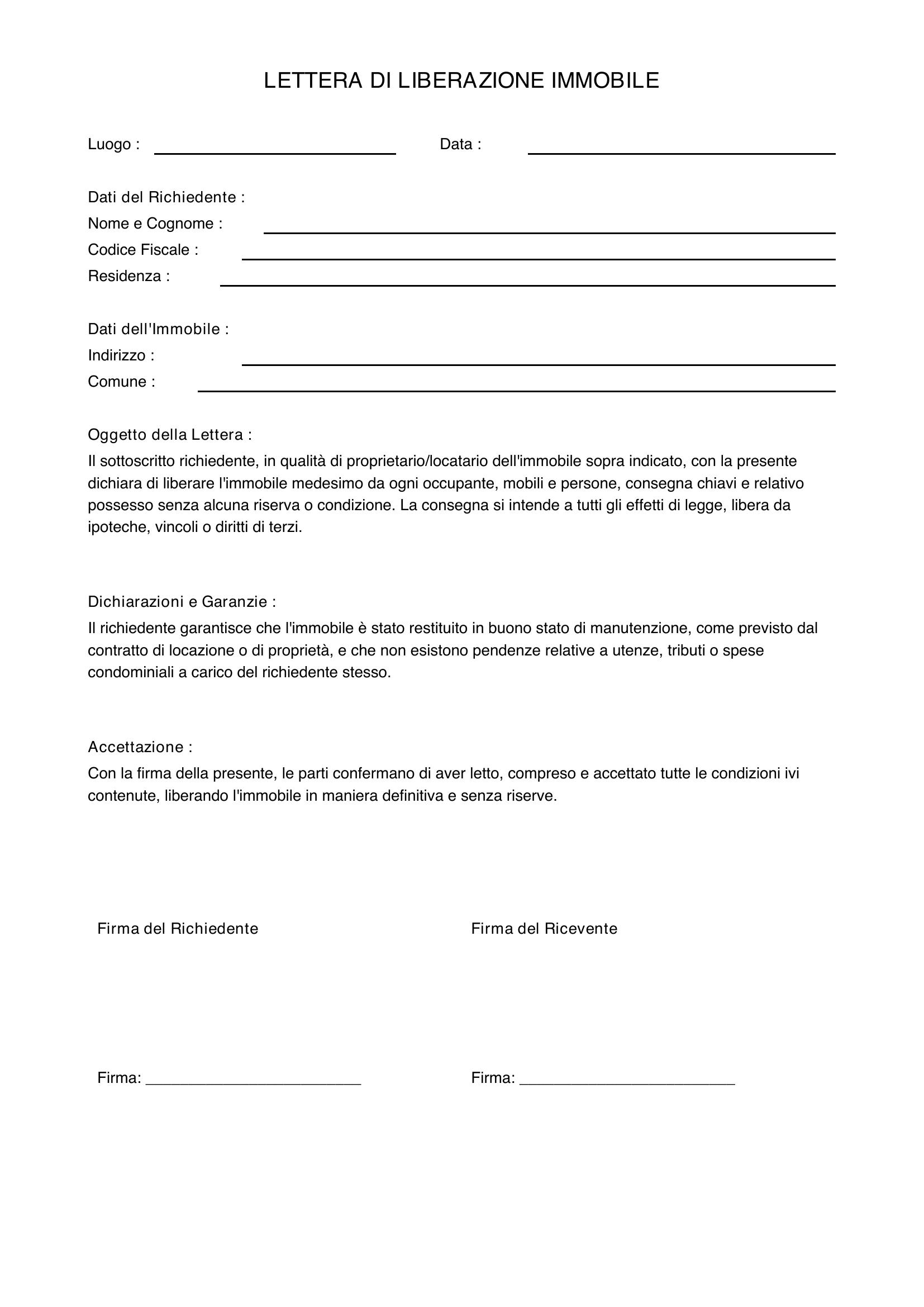 Lettera Liberazione Immobile Fac Simile