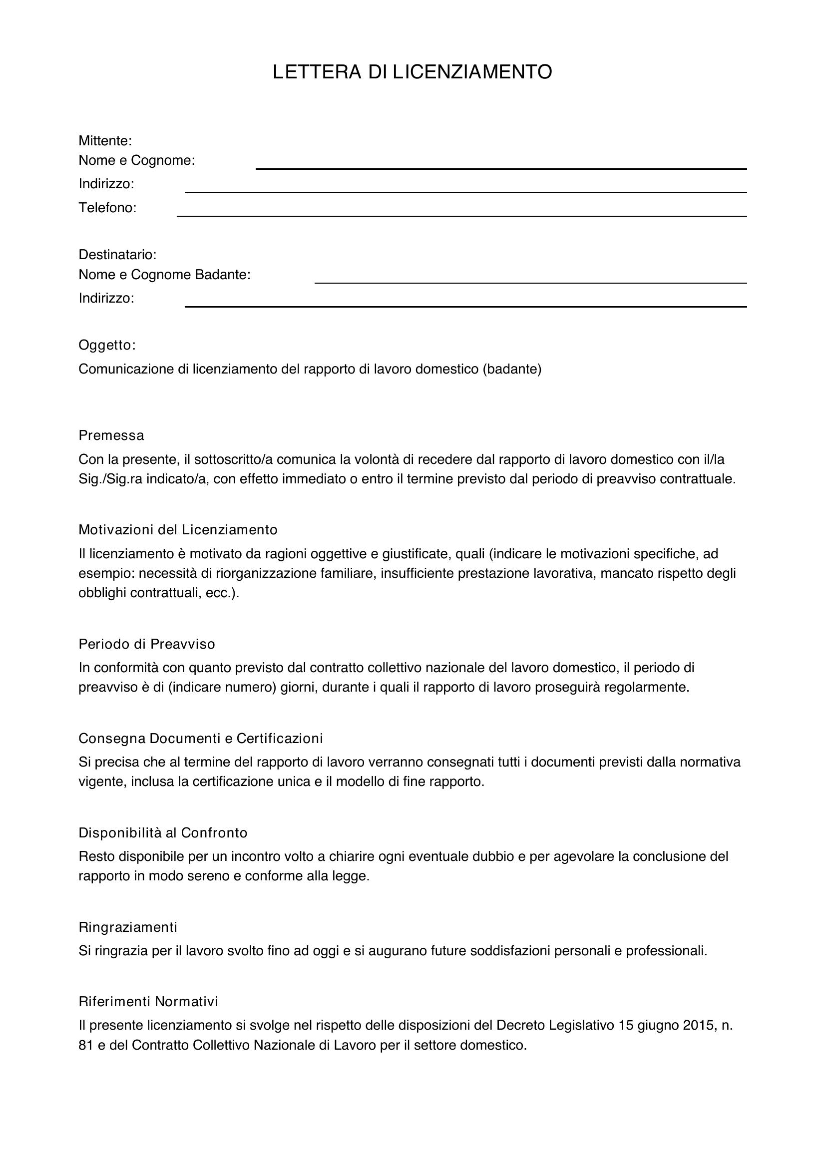 Lettera Licenziamento Badante
